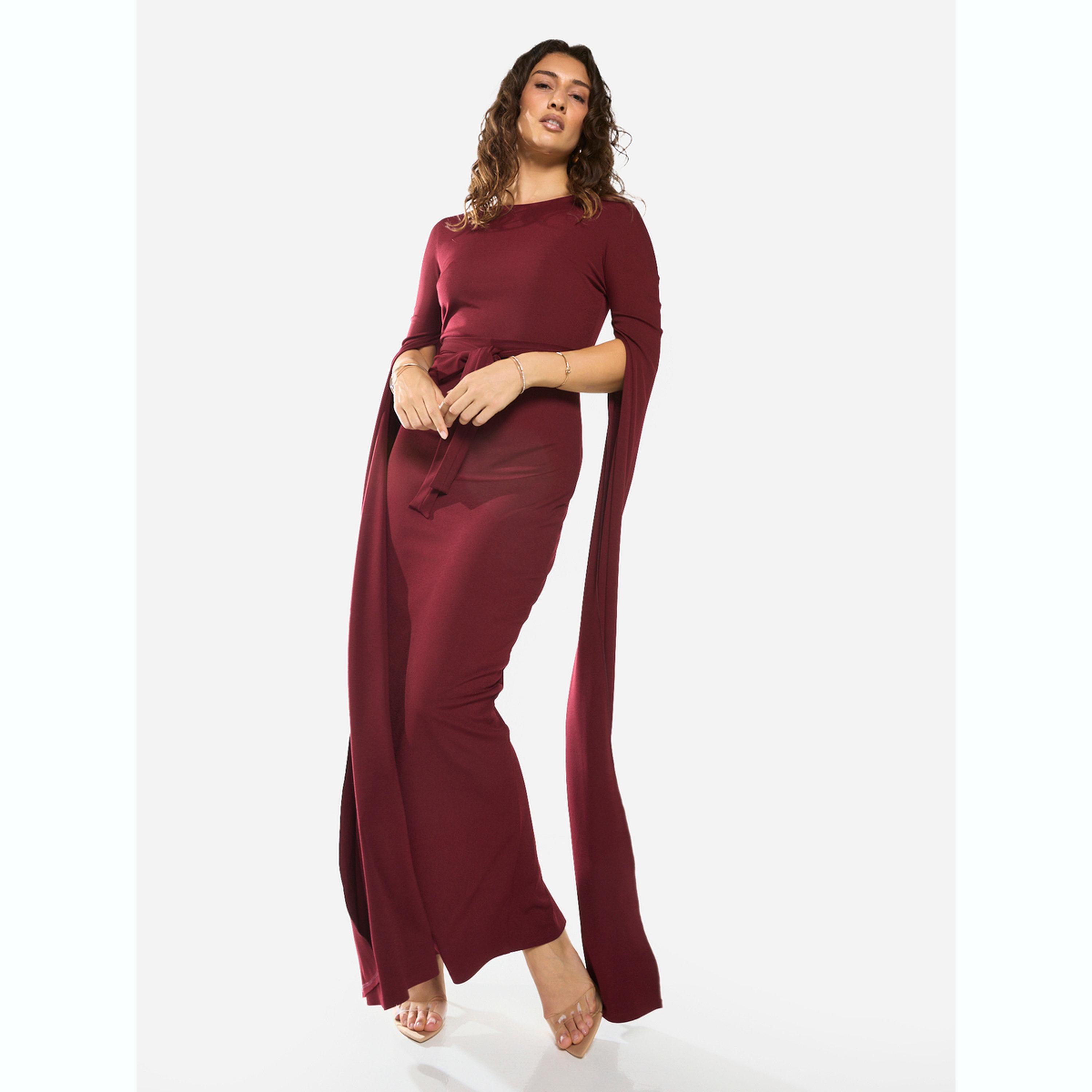 فستان طويل بأكمام كاب ورباط حول الخصر-women-clothing-dresses-image-3