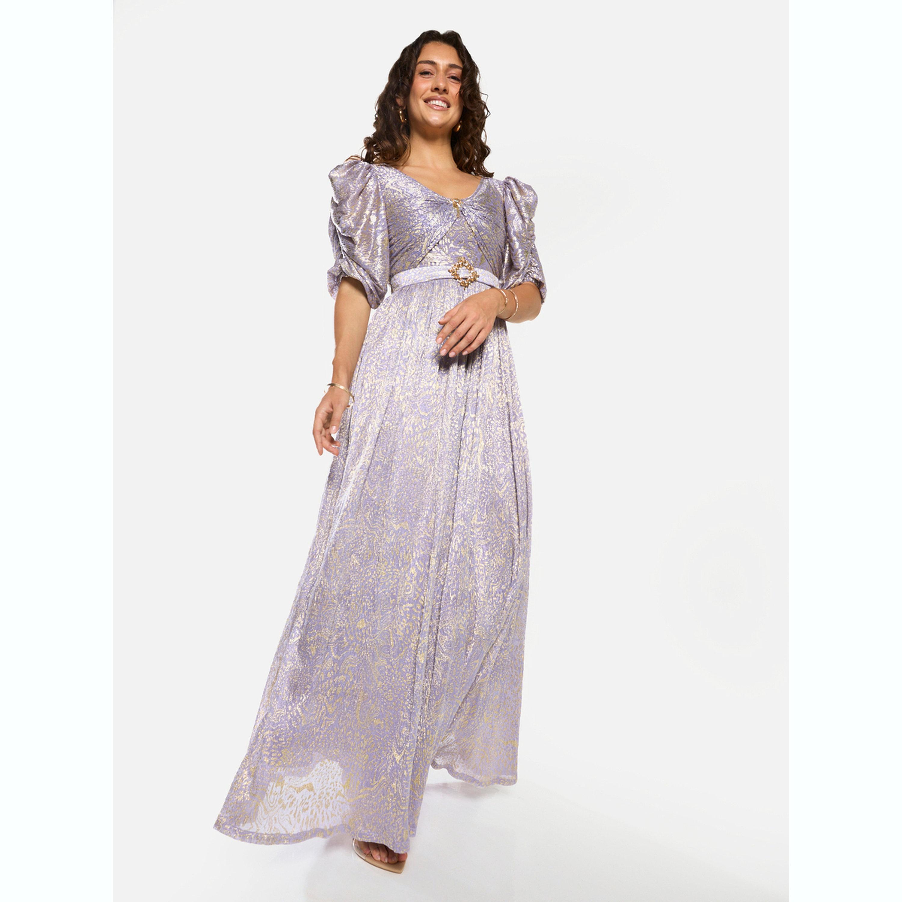 House of Moda X Styli Embellished Waist Draped Puff Sleeve Maxi Dress-women-clothing-dresses-image-1