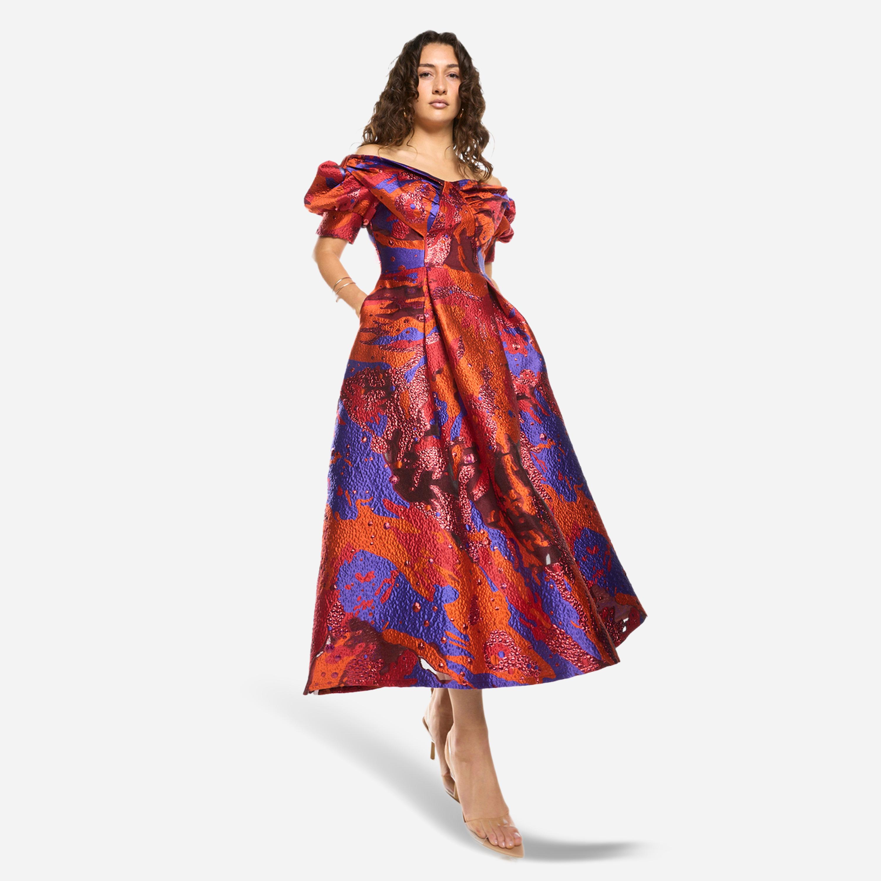 House of Moda X Styli Abstract Texture Off-Shoulder Flare Midi Dress-women-clothing-dresses-image-1