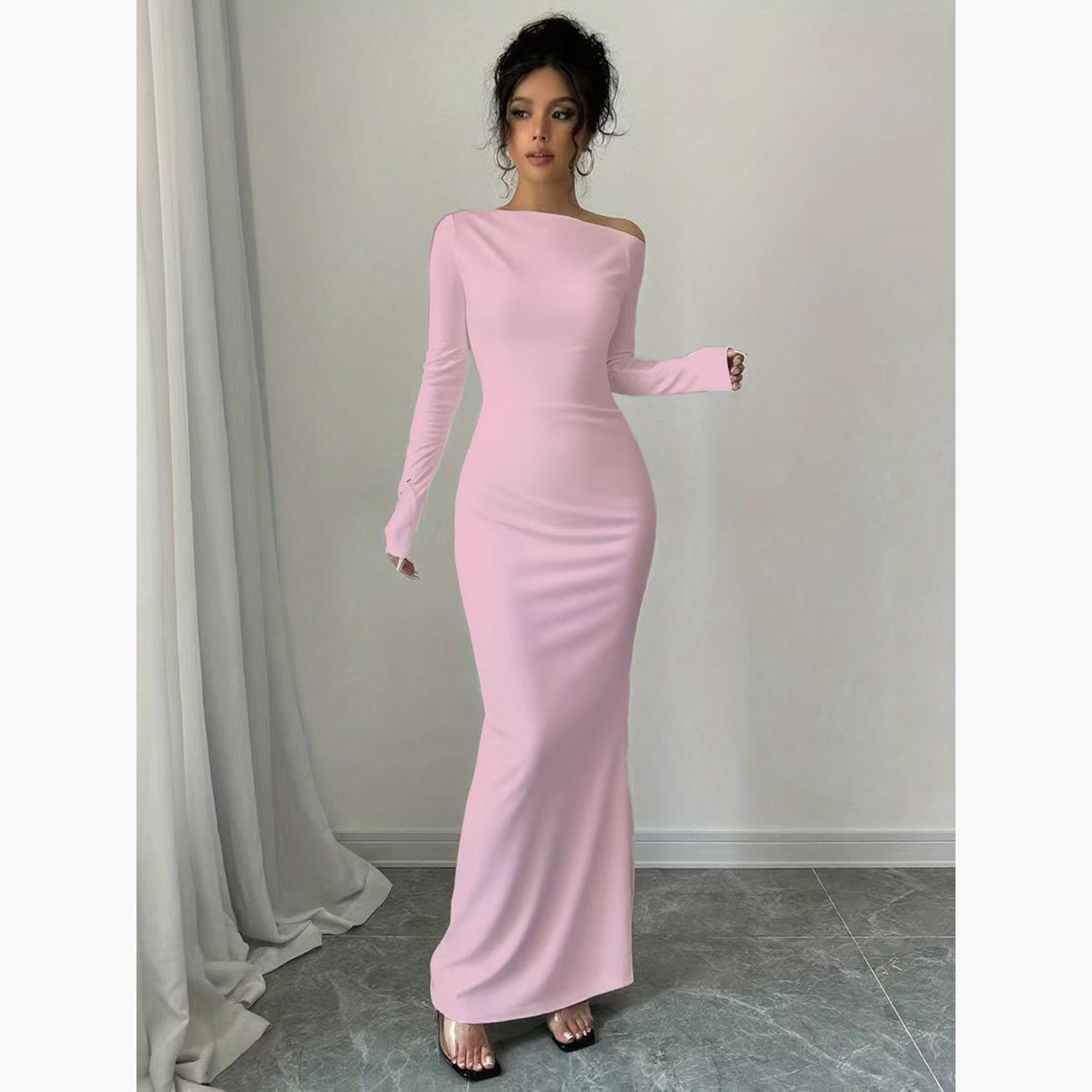 فستان طويل ضيق بياقة غير متماثلة سادة-women-clothing-dresses-image-2