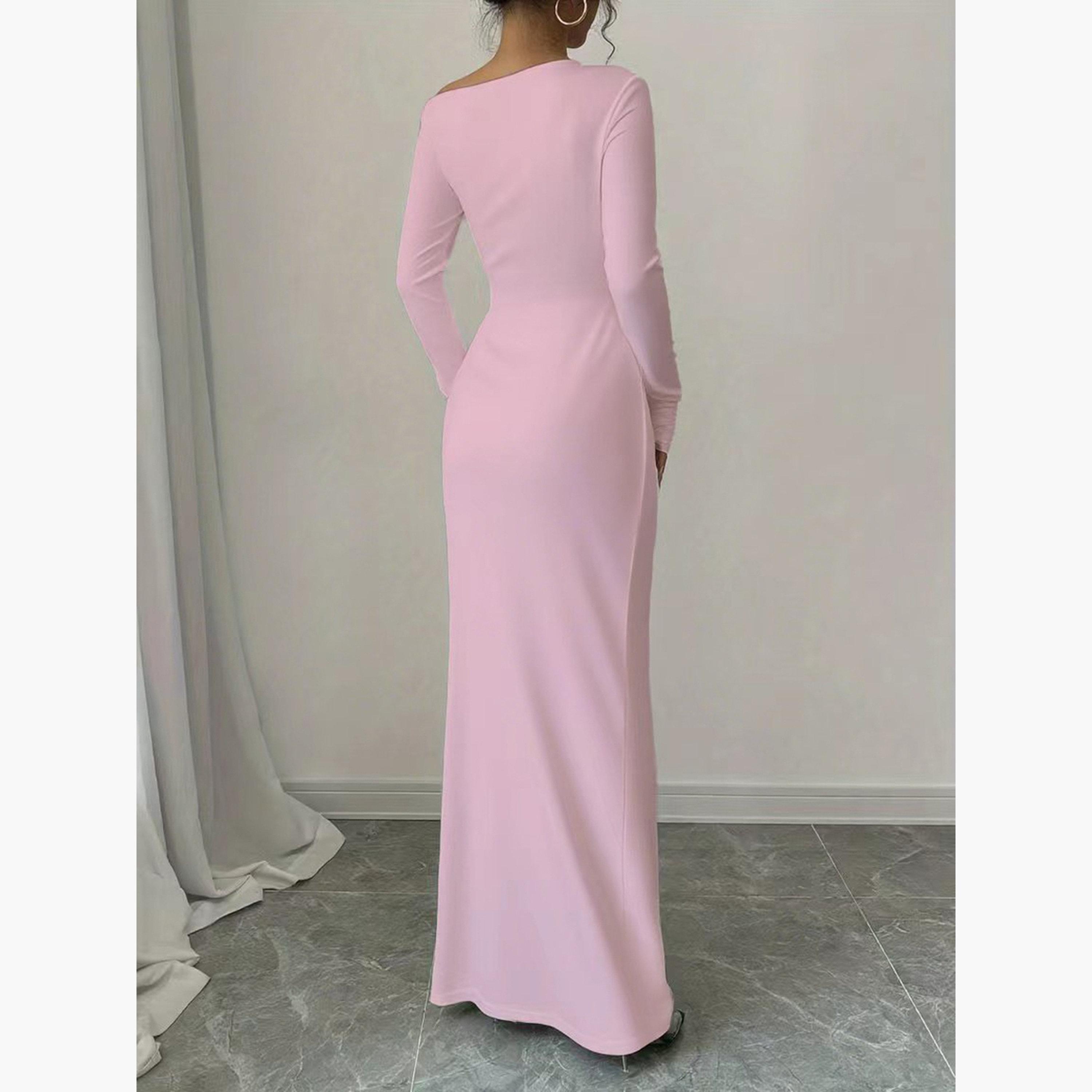فستان طويل ضيق بياقة غير متماثلة سادة-women-clothing-dresses-image-3