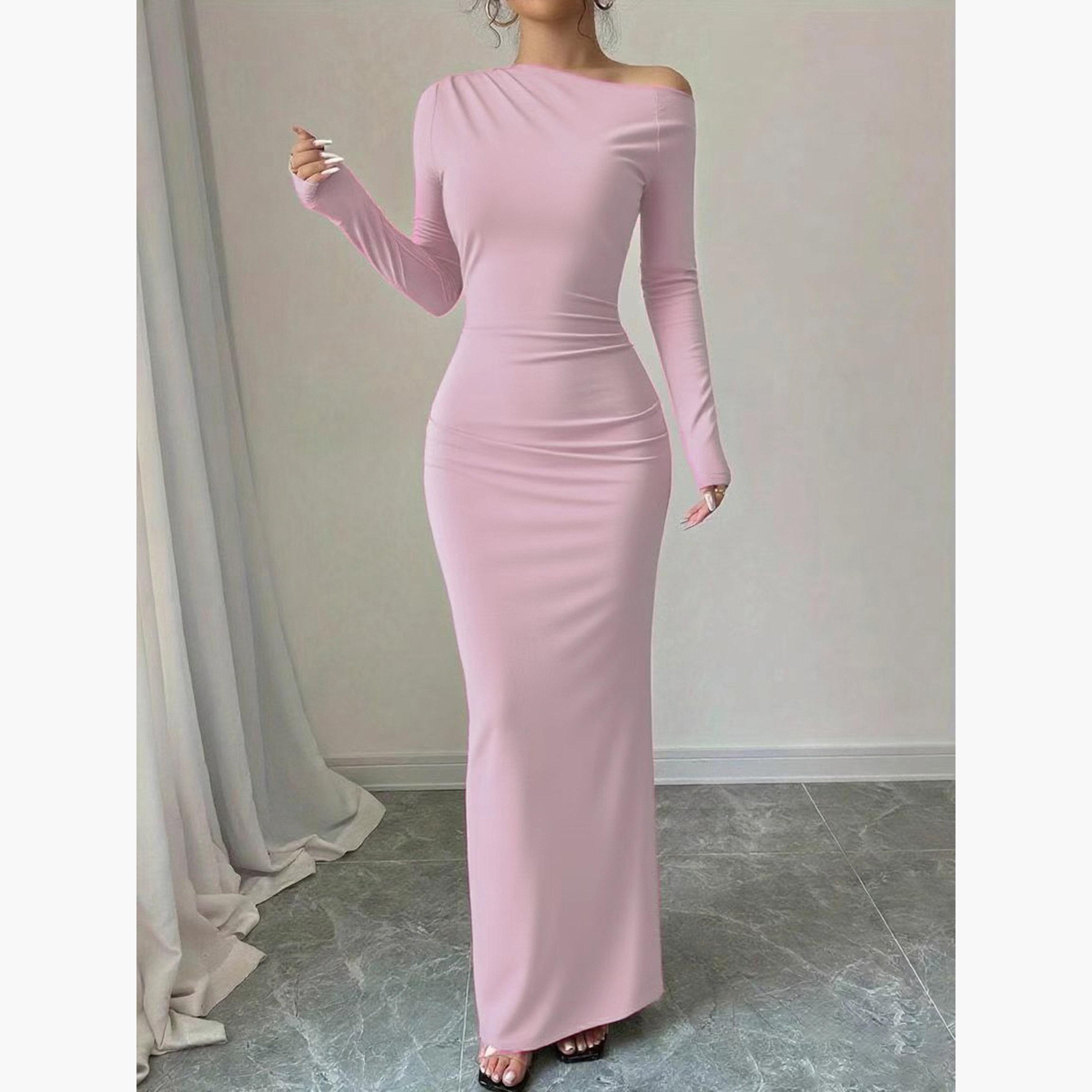 فستان طويل ضيق بياقة غير متماثلة سادة-women-clothing-dresses-image-4