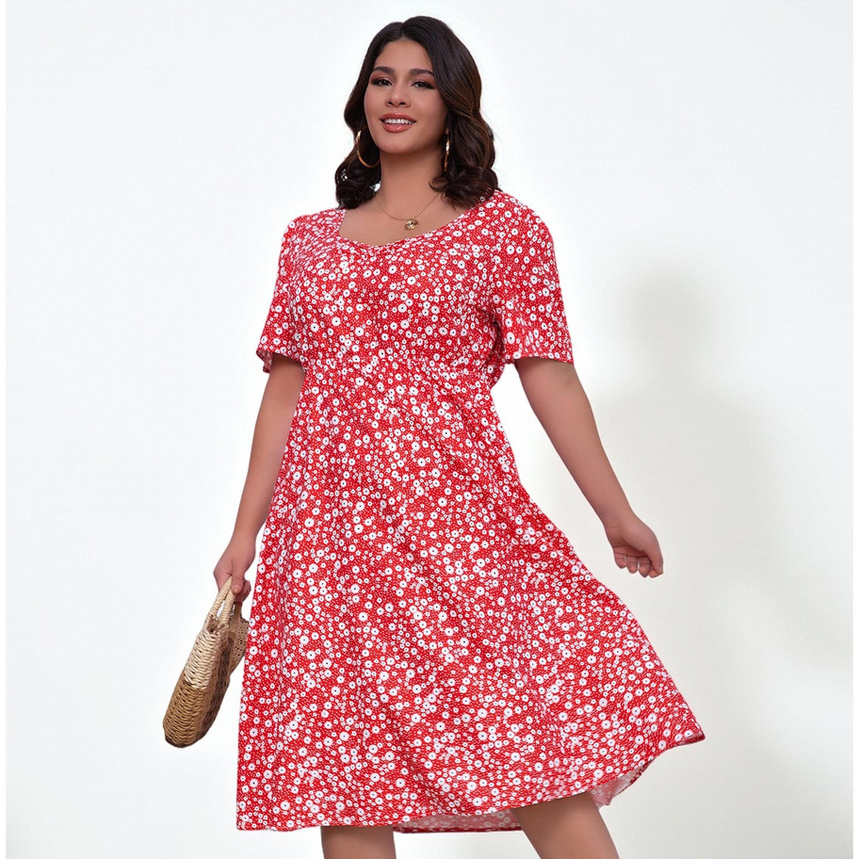 فستان مقاس كبير بحافة واسعة بطول الركبة وطبعة أزهار باللون الأحمر-women-clothing-dresses-image-1