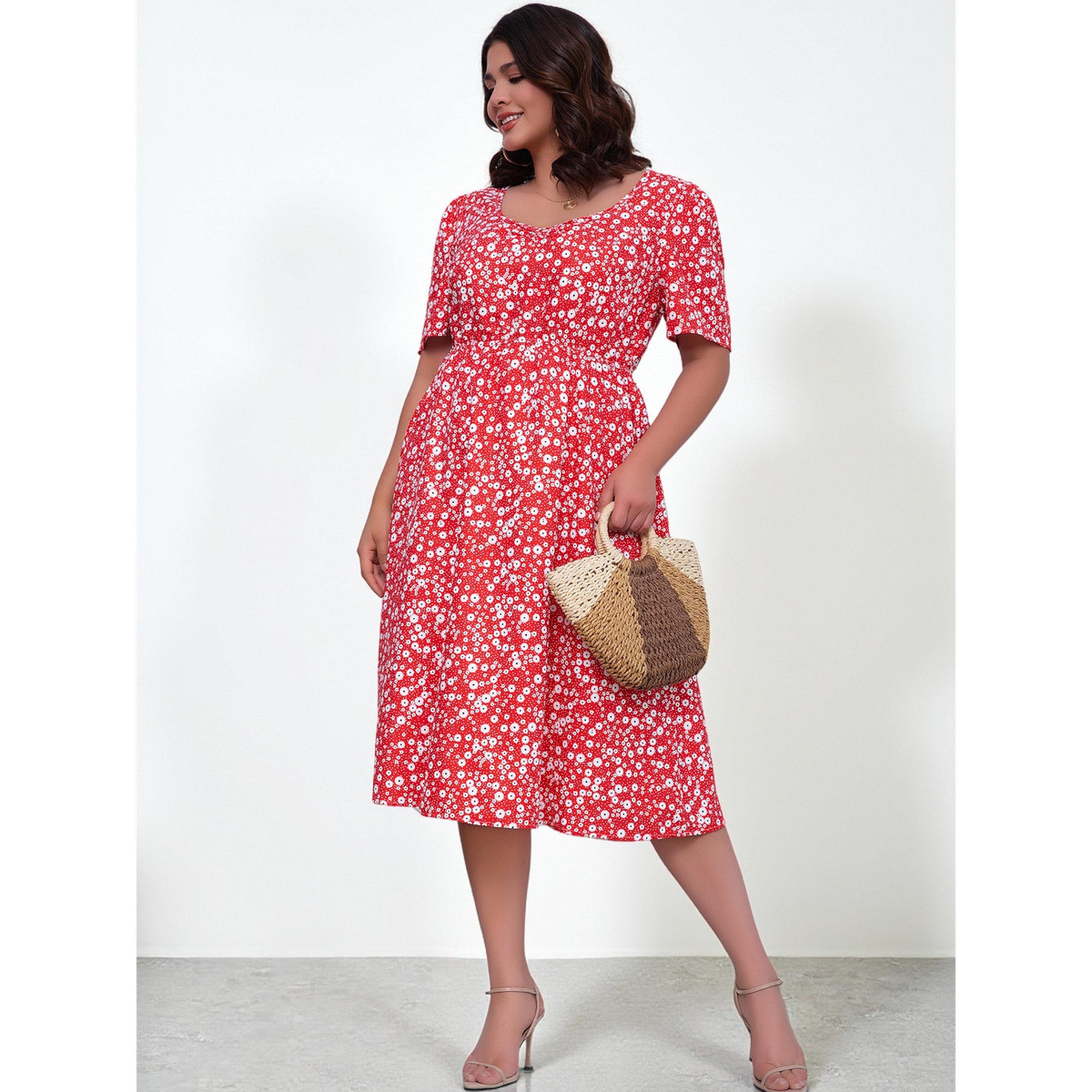 فستان مقاس كبير بحافة واسعة بطول الركبة وطبعة أزهار باللون الأحمر-women-clothing-dresses-image-2