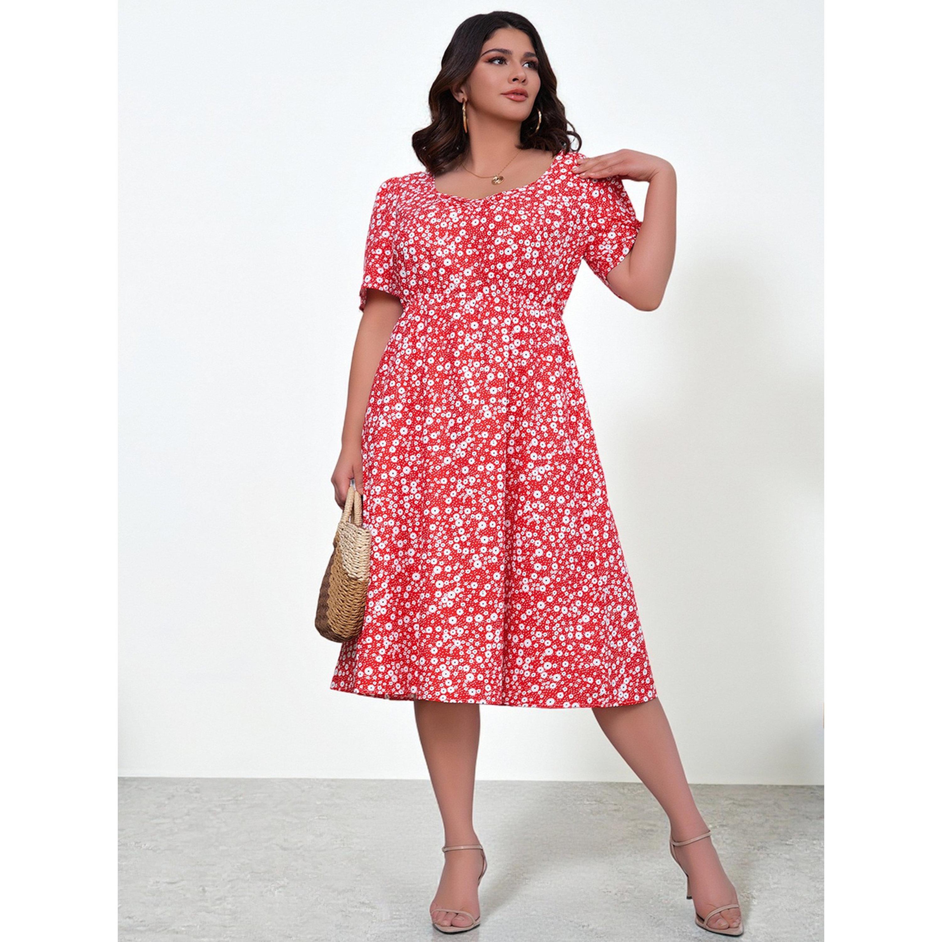 فستان مقاس كبير بحافة واسعة بطول الركبة وطبعة أزهار باللون الأحمر-women-clothing-dresses-image-3