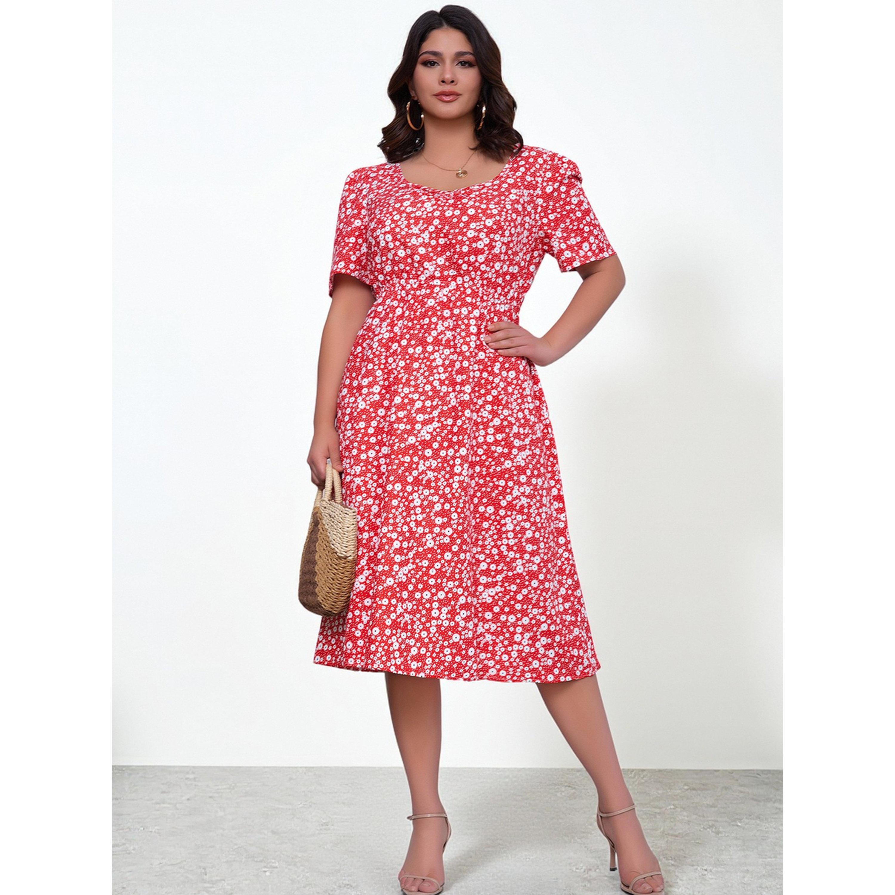 فستان مقاس كبير بحافة واسعة بطول الركبة وطبعة أزهار باللون الأحمر-women-clothing-dresses-image-4