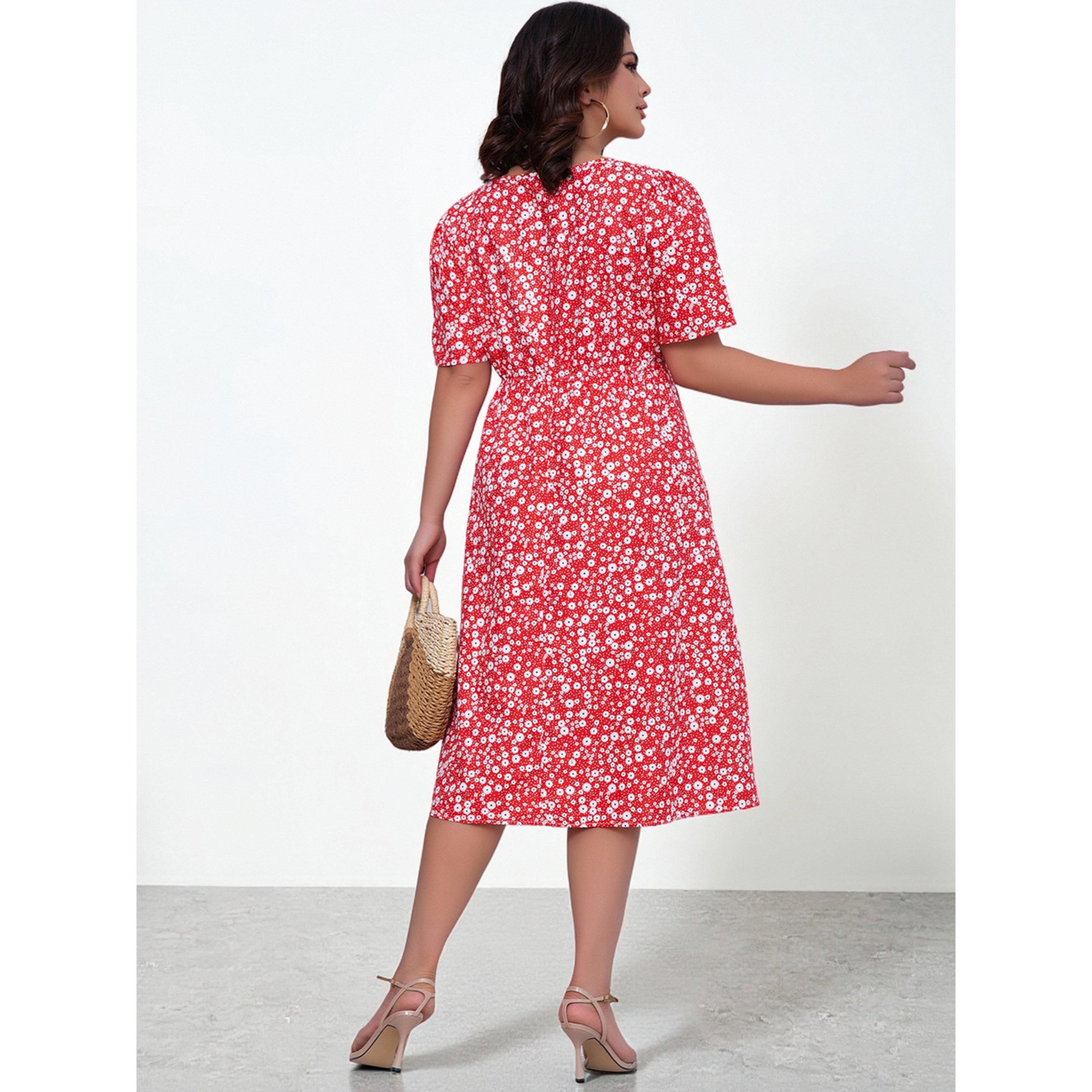 فستان مقاس كبير بحافة واسعة بطول الركبة وطبعة أزهار باللون الأحمر-women-clothing-dresses-image-5