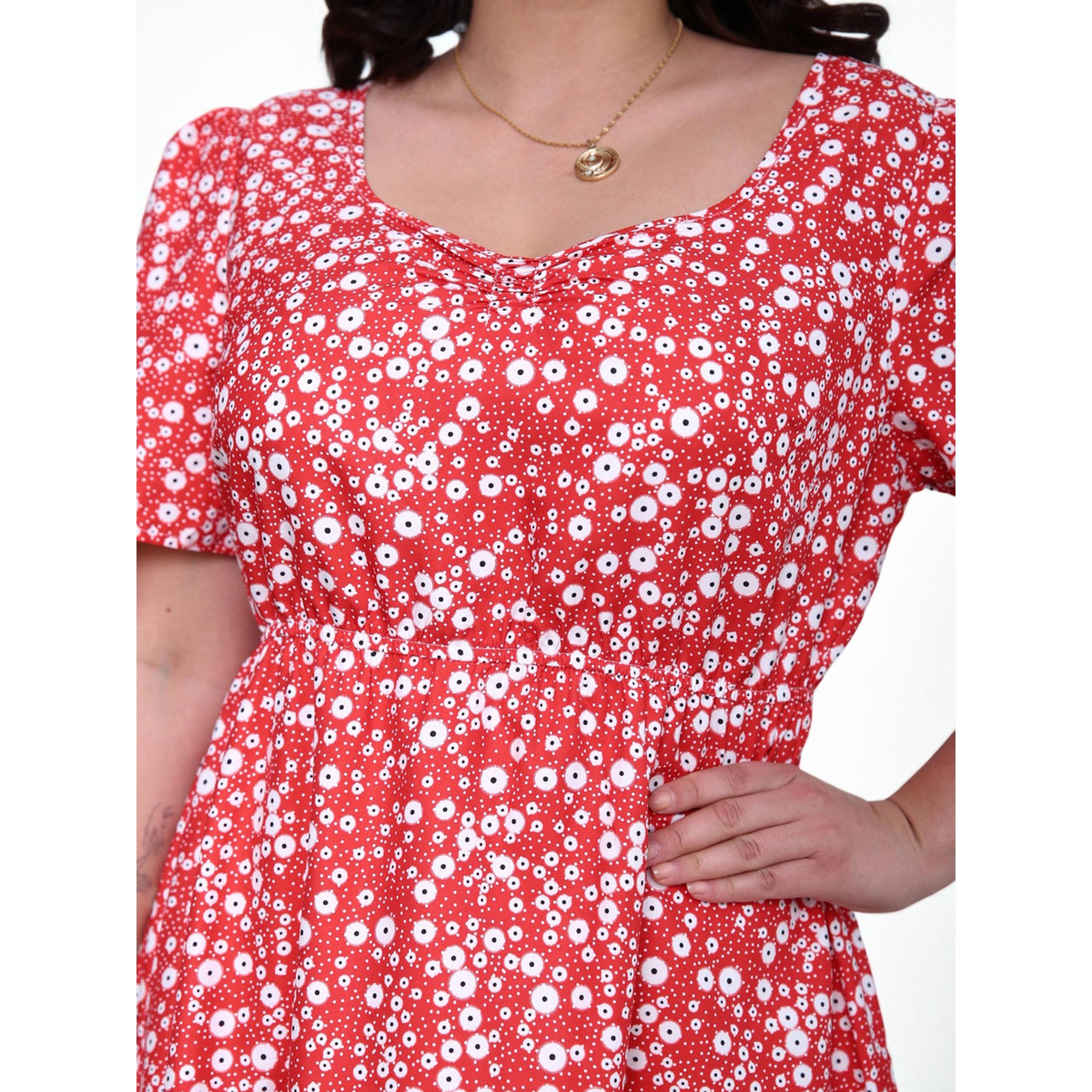 فستان مقاس كبير بحافة واسعة بطول الركبة وطبعة أزهار باللون الأحمر-women-clothing-dresses-image-6