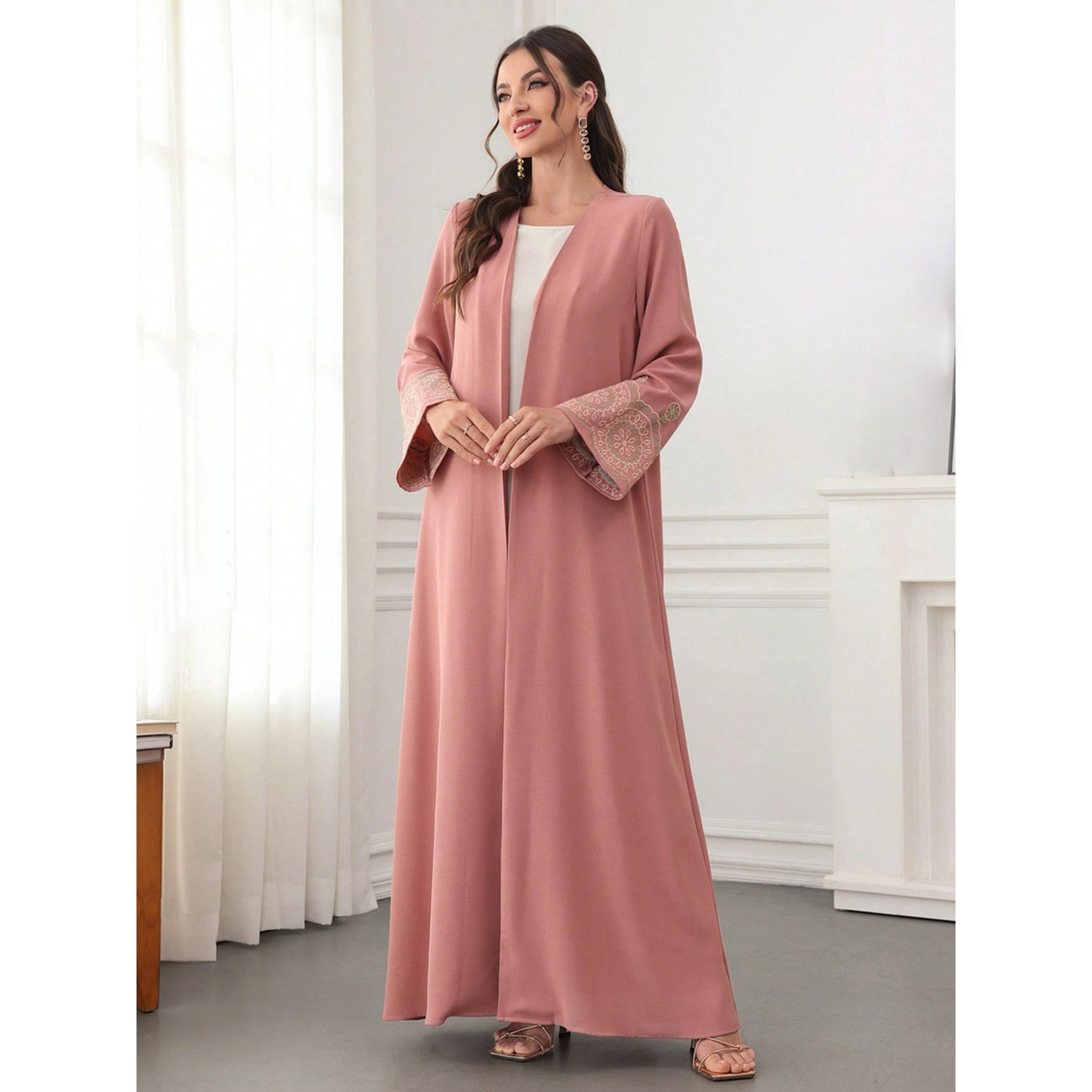 Take Two Dark Pink Embroidered Open Front Abaya-women-arabicclothing-abayas-image-1