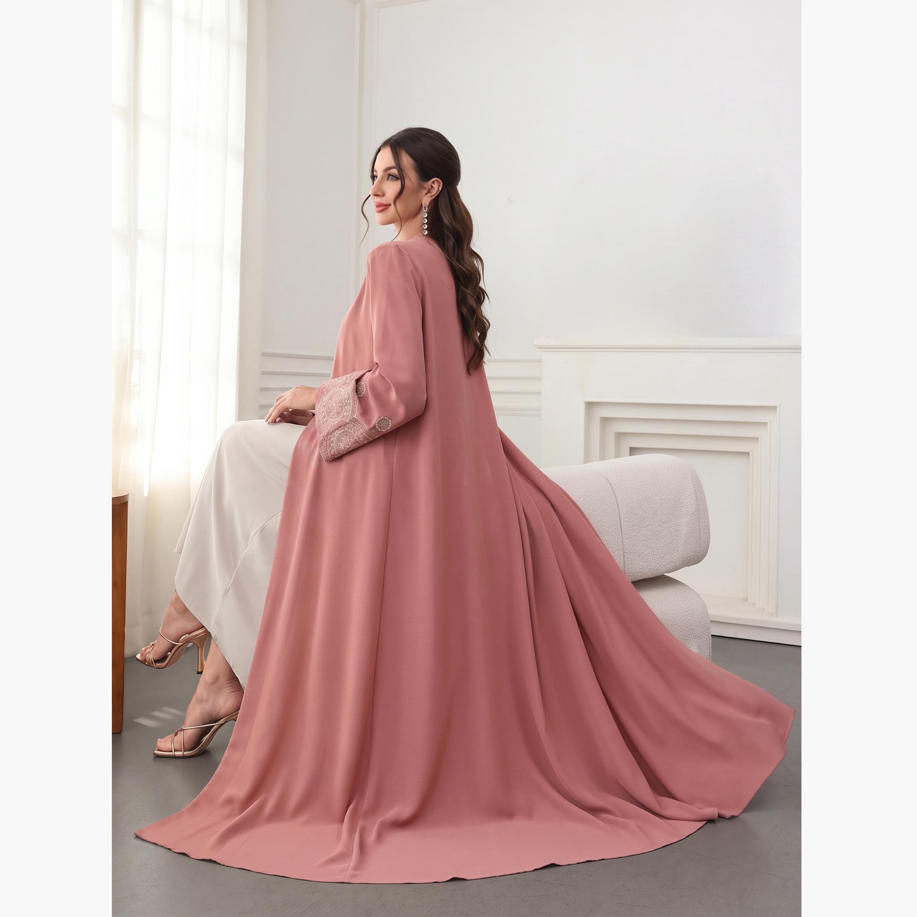 Take Two Dark Pink Embroidered Open Front Abaya-women-arabicclothing-abayas-image-2