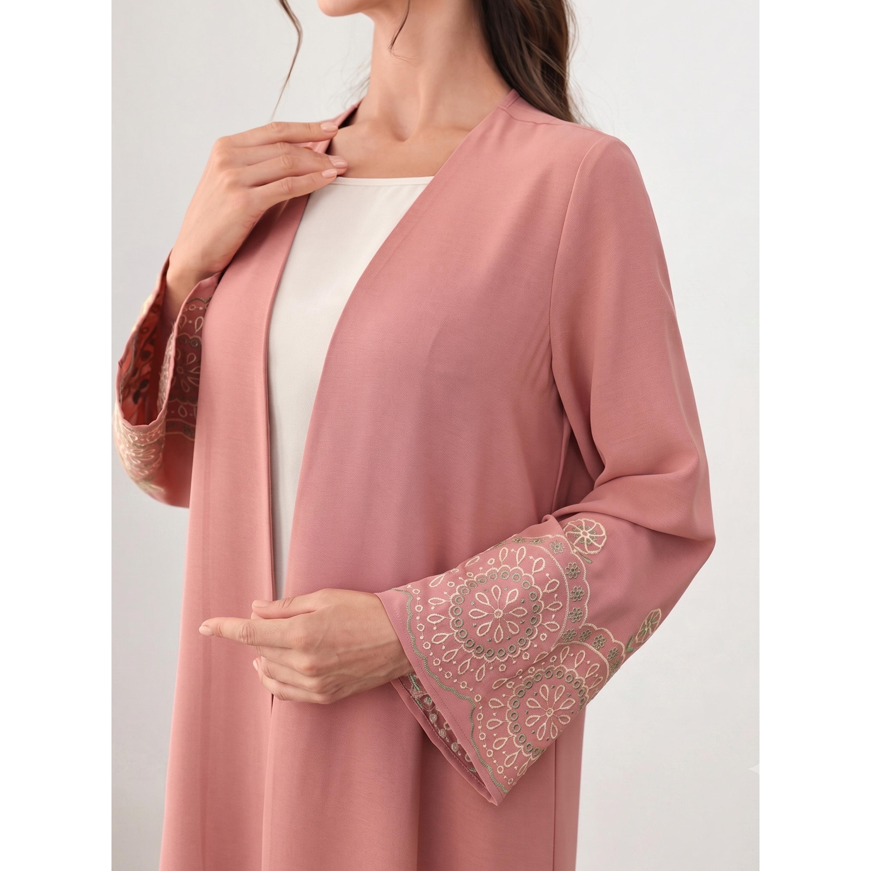 Take Two Dark Pink Embroidered Open Front Abaya-women-arabicclothing-abayas-image-4