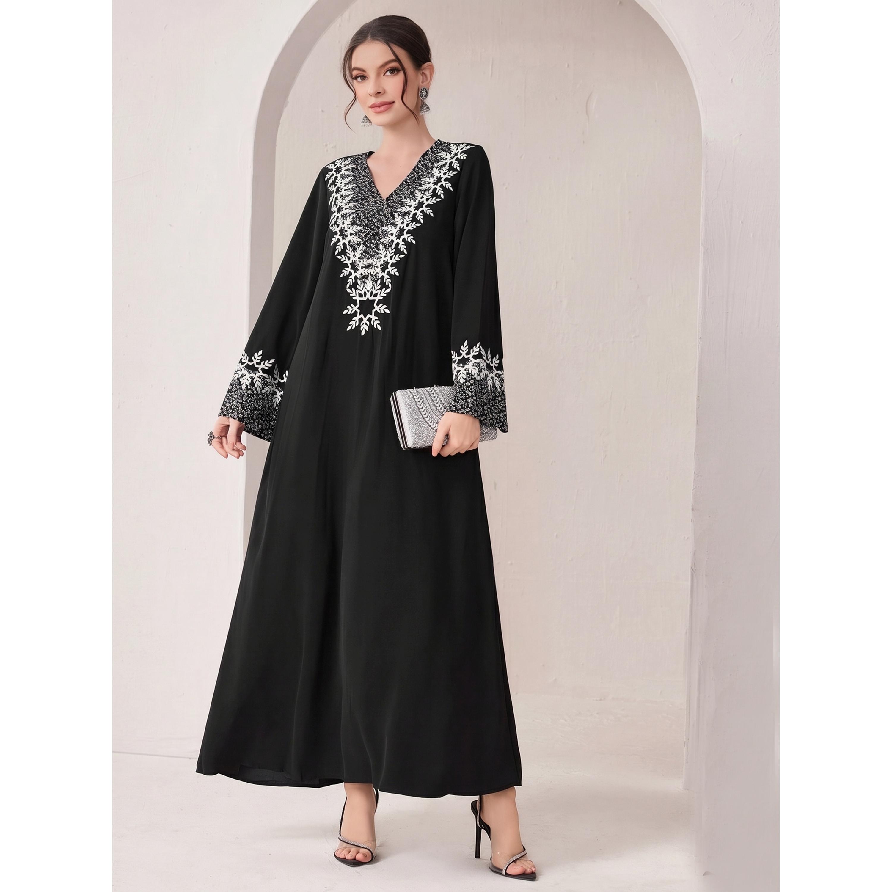 Take Two Black Embroidered V Neck Jalabiya-women-arabicclothing-jalabiyas-image-1