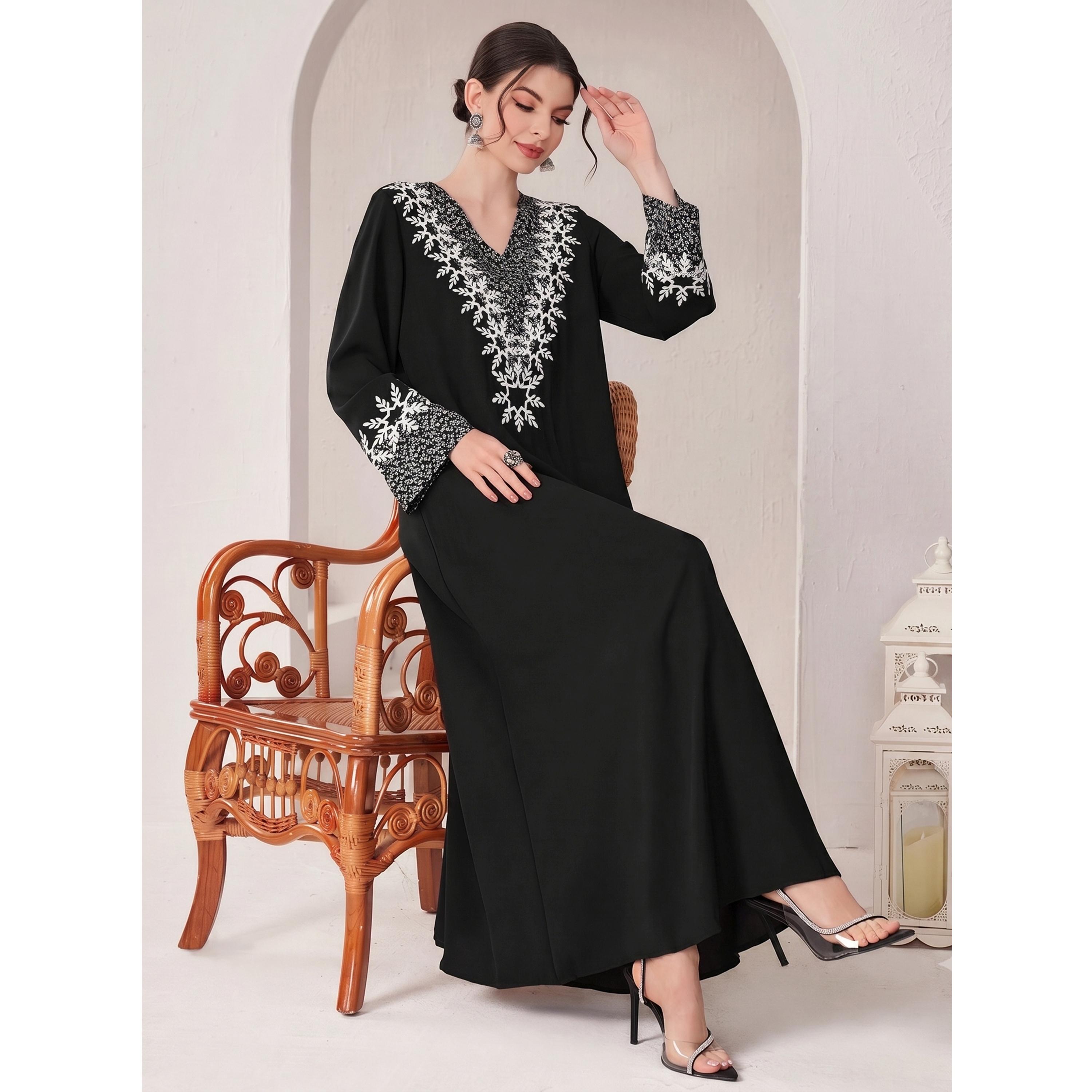 Take Two Black Embroidered V Neck Jalabiya-women-arabicclothing-jalabiyas-image-2