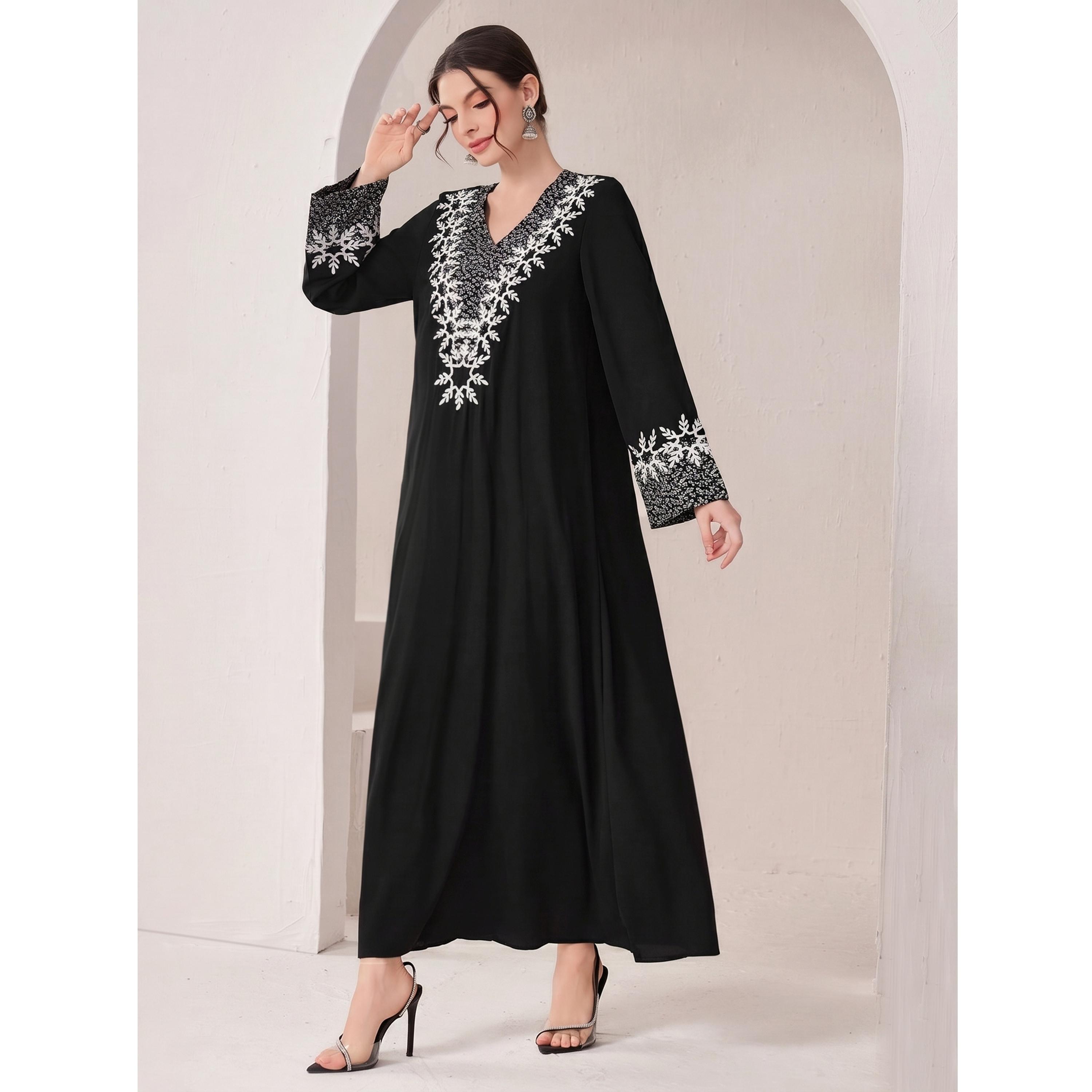 Take Two Black Embroidered V Neck Jalabiya-women-arabicclothing-jalabiyas-image-4