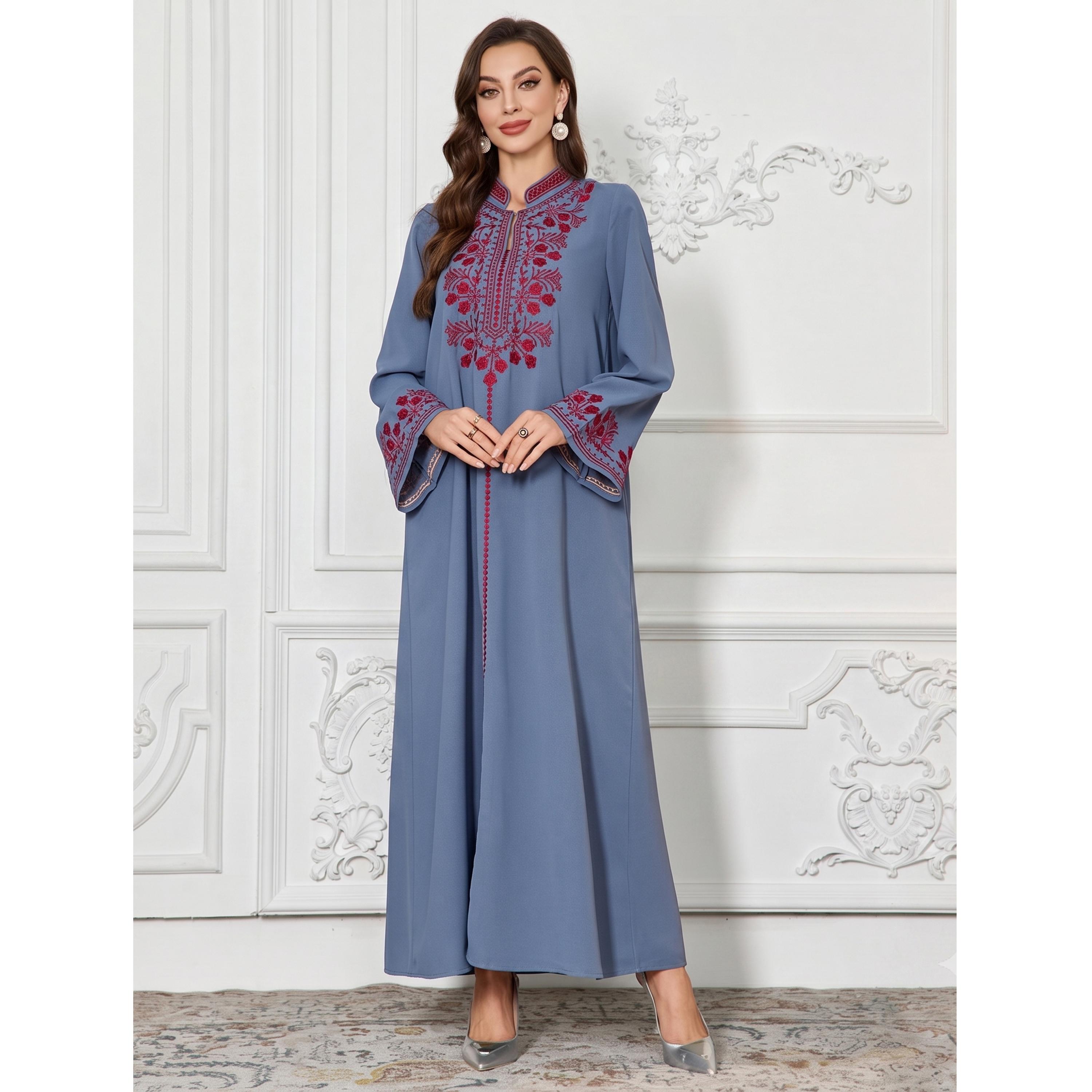 Take Two Blue Embroidered Yoke Long Sleeve Jalabiya-women-arabicclothing-jalabiyas-image-1