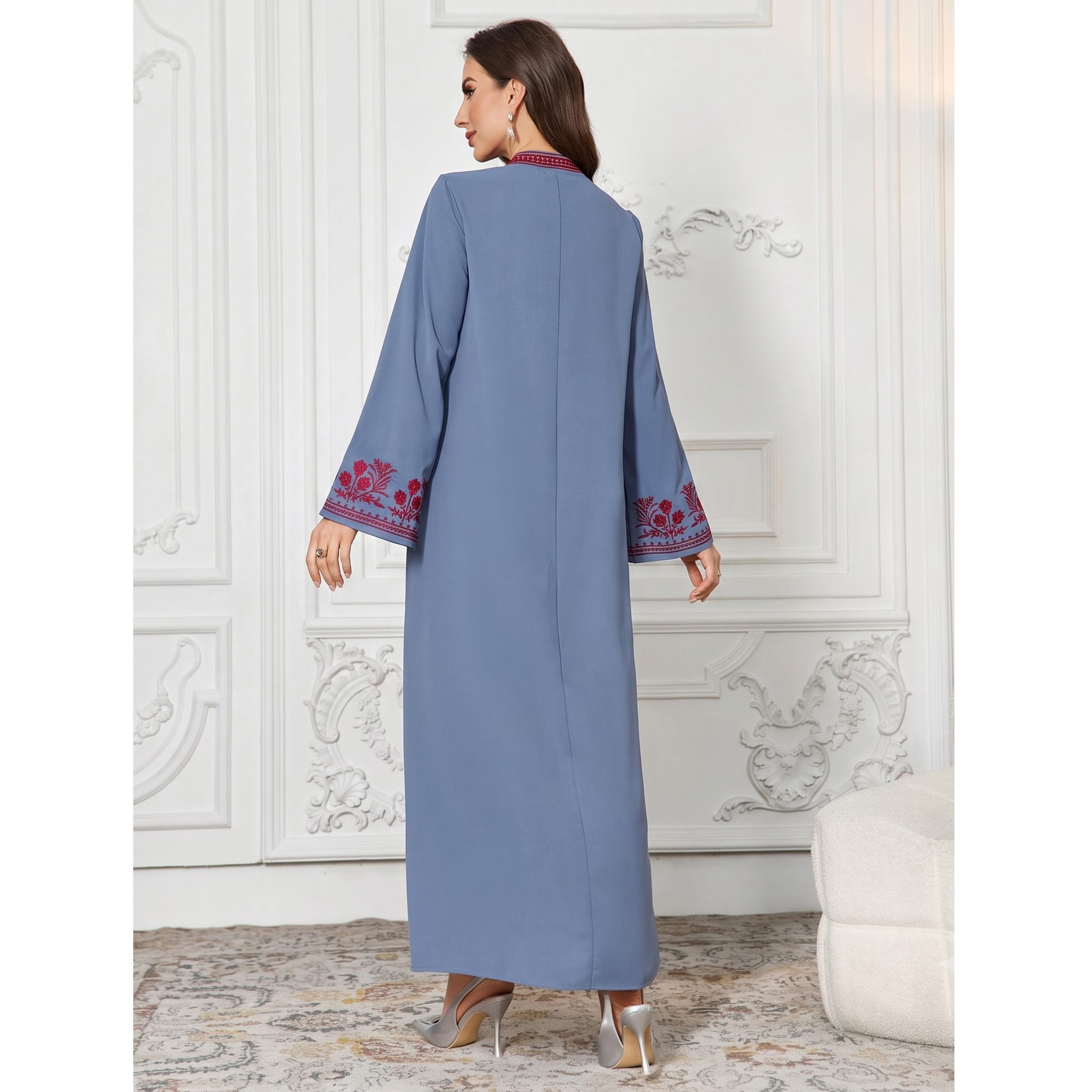 Take Two Blue Embroidered Yoke Long Sleeve Jalabiya-women-arabicclothing-jalabiyas-image-2