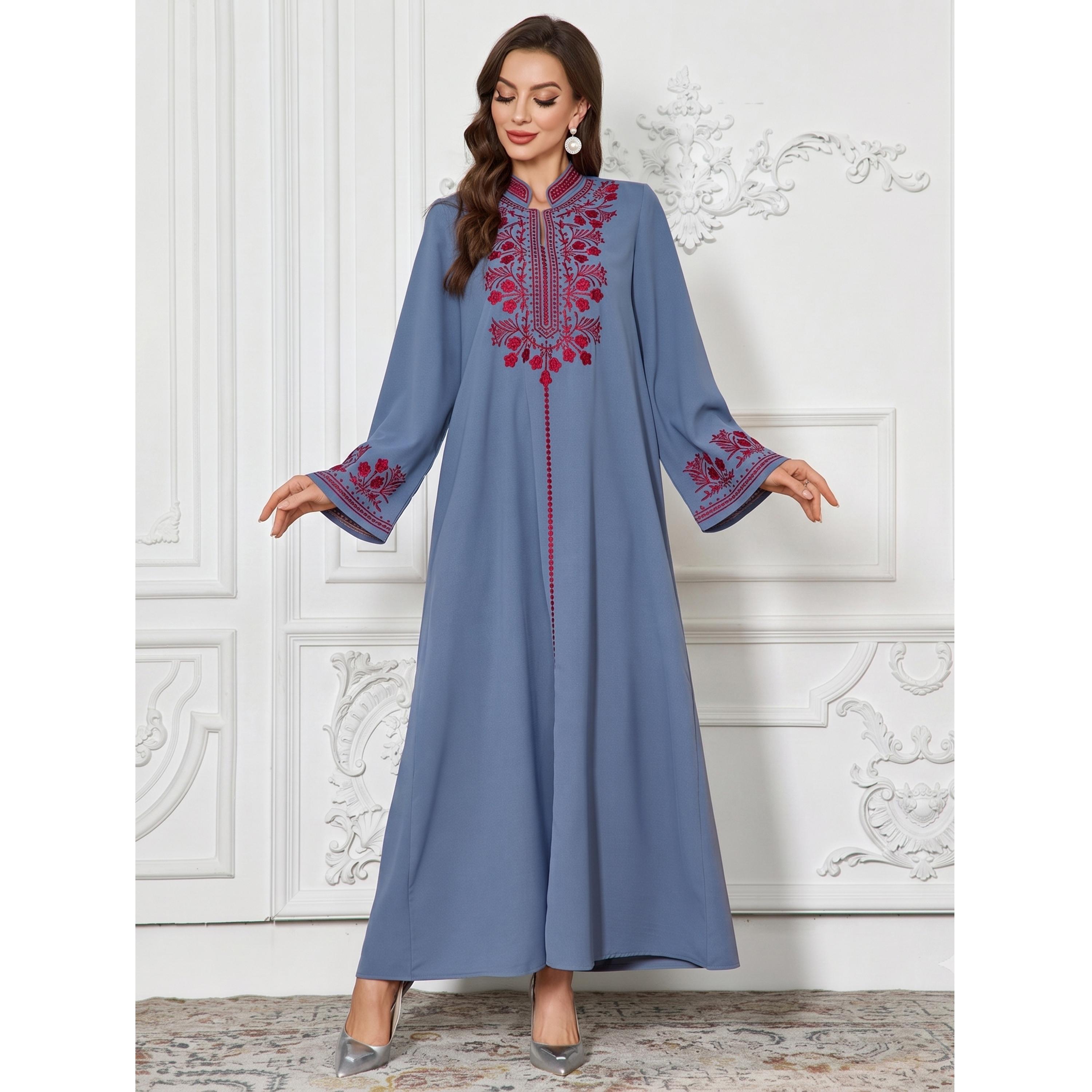 Take Two Blue Embroidered Yoke Long Sleeve Jalabiya-women-arabicclothing-jalabiyas-image-3
