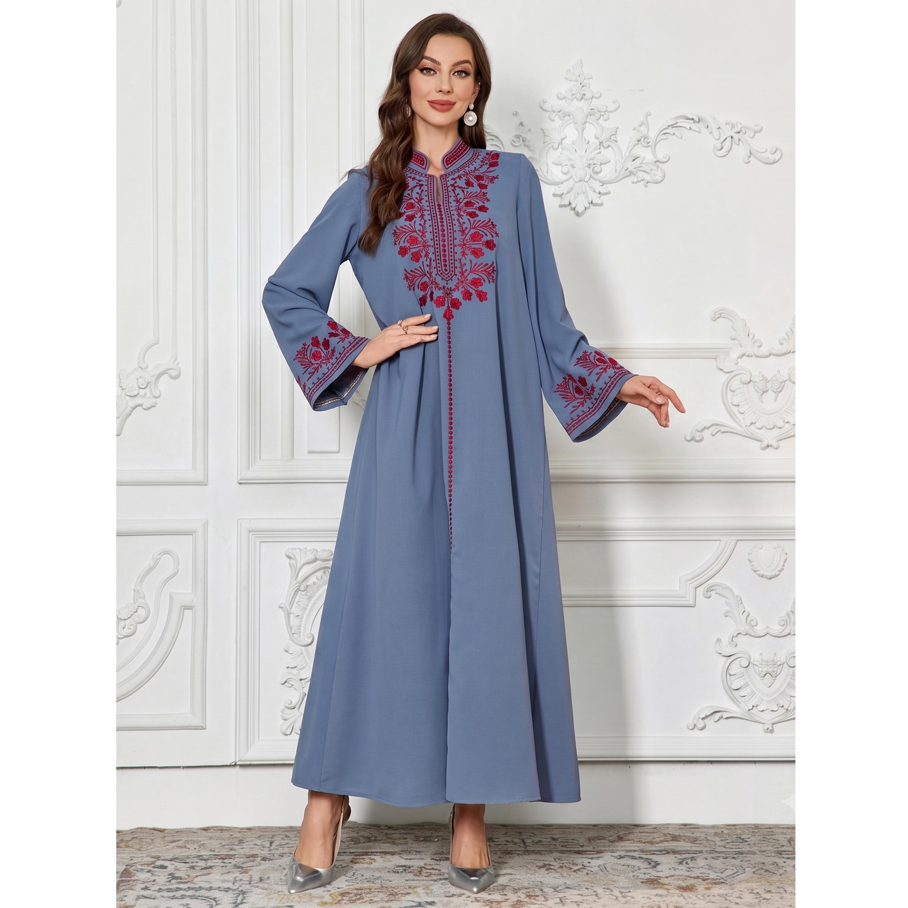 Take Two Blue Embroidered Yoke Long Sleeve Jalabiya-women-arabicclothing-jalabiyas-image-4