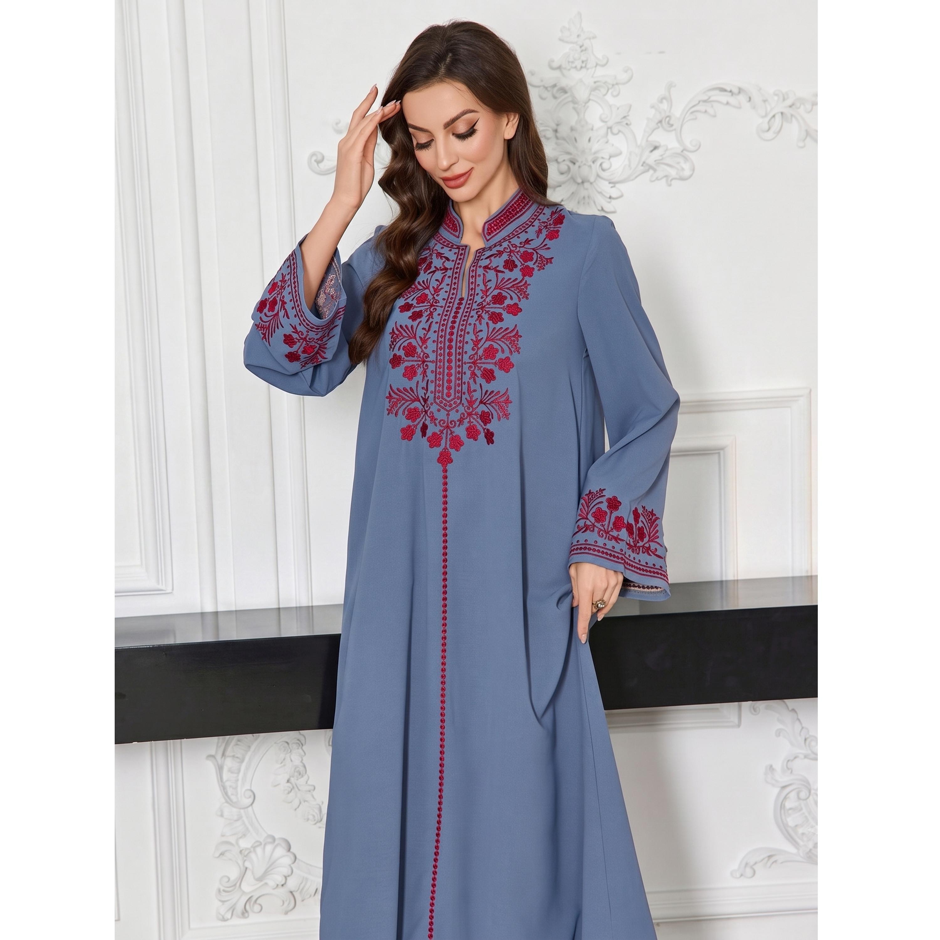 Take Two Blue Embroidered Yoke Long Sleeve Jalabiya-women-arabicclothing-jalabiyas-image-5