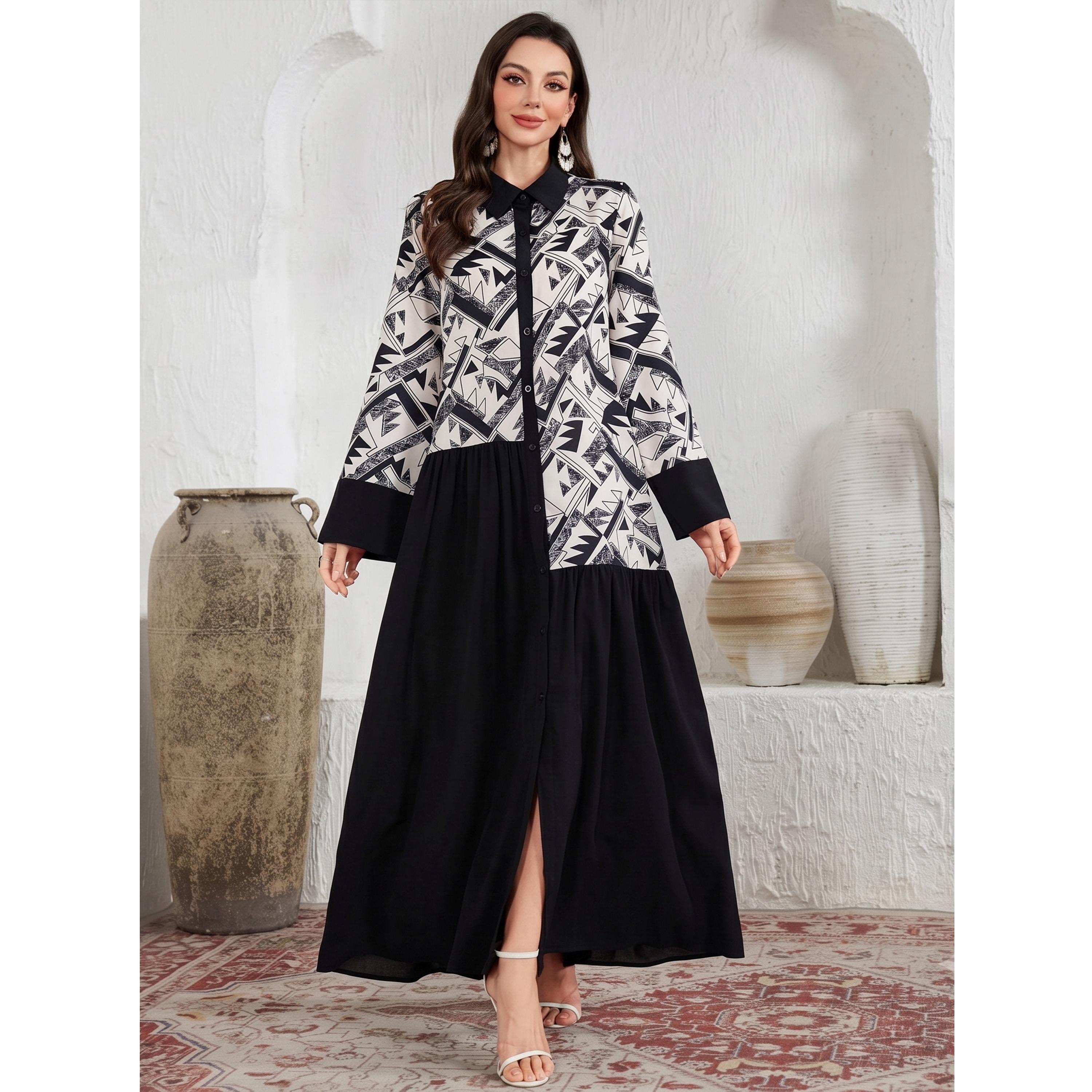 Take Two Black Geometric Print Spliced Shirt Maxi Dress-women-clothing-dresses-image-1