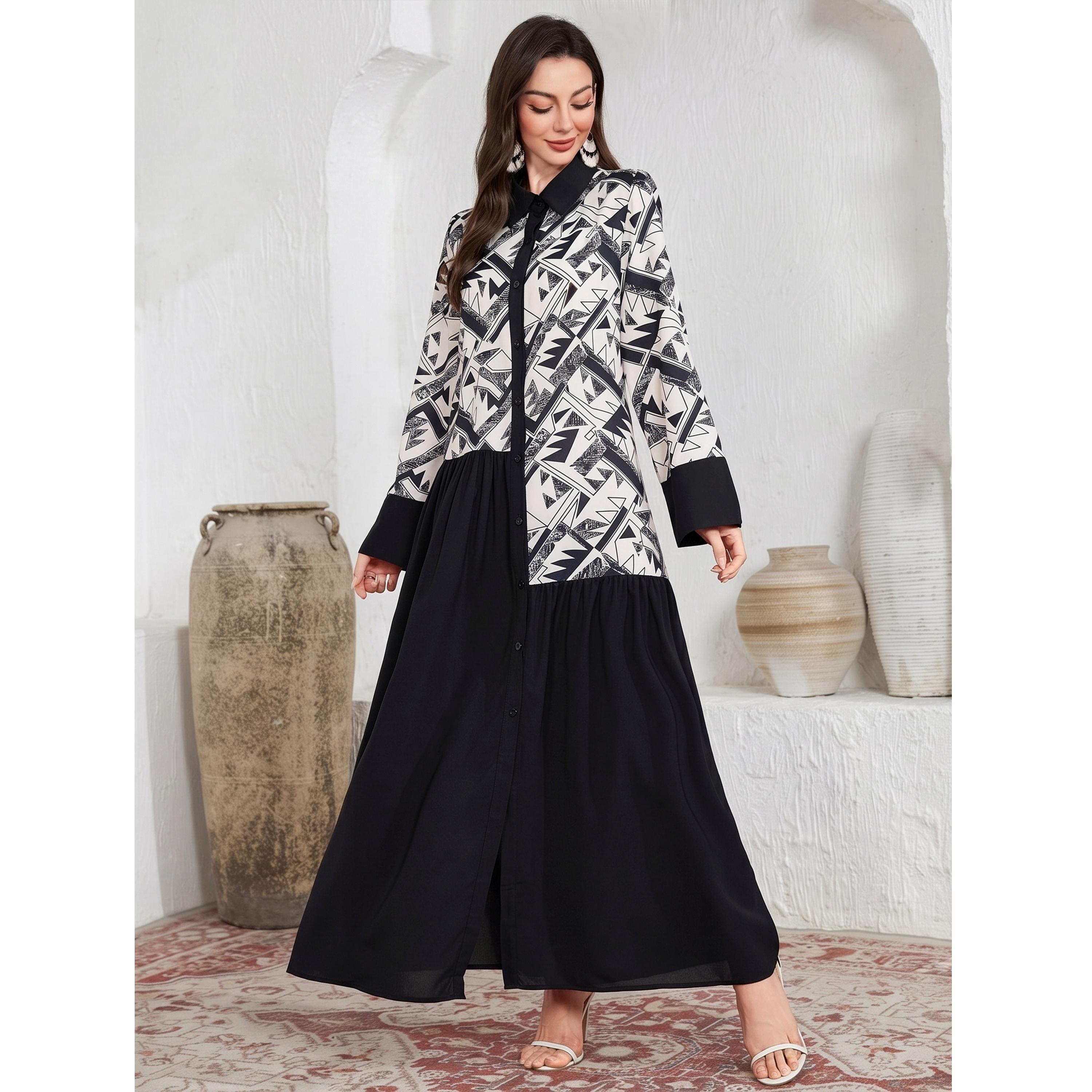Take Two Black Geometric Print Spliced Shirt Maxi Dress-women-clothing-dresses-image-2