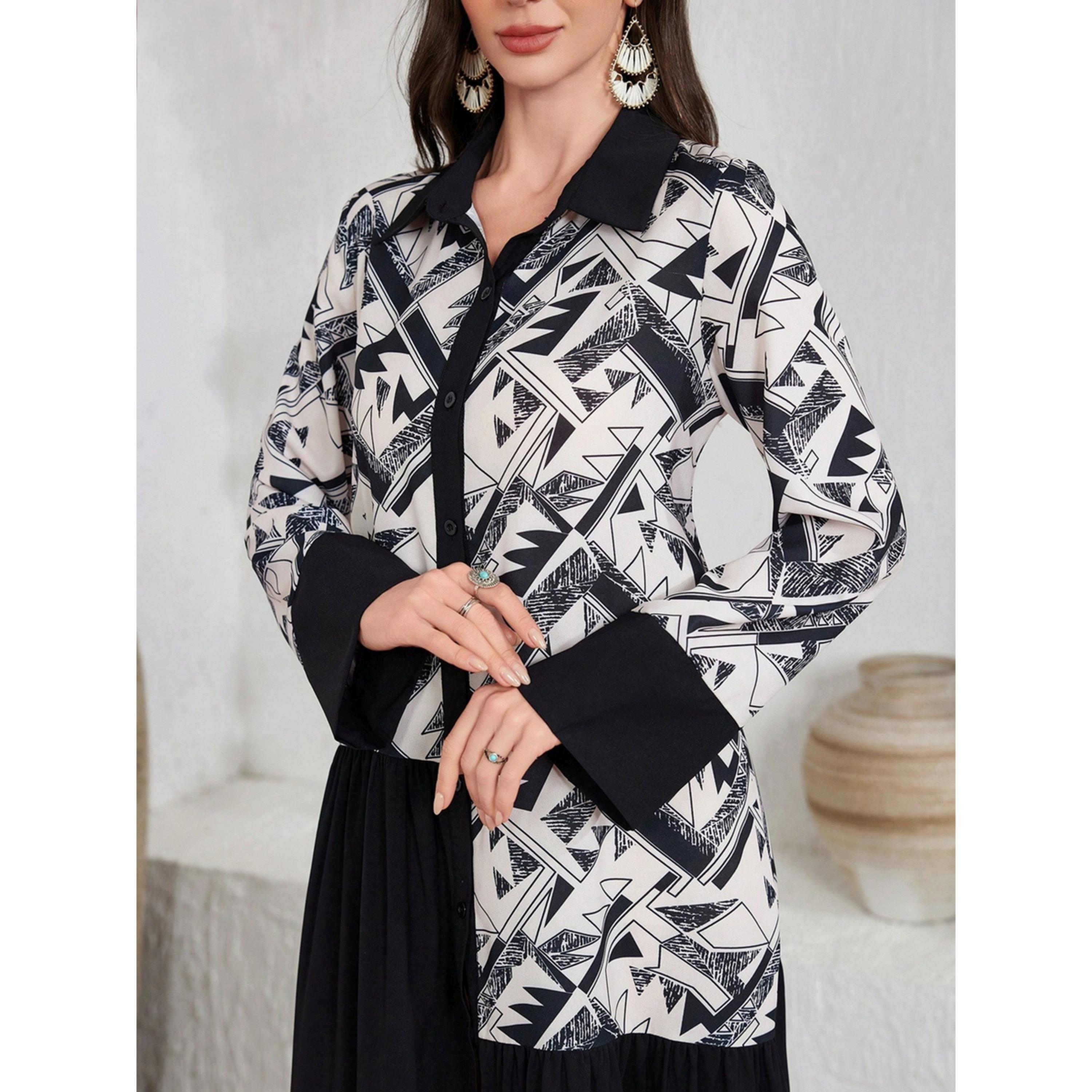 Take Two Black Geometric Print Spliced Shirt Maxi Dress-women-clothing-dresses-image-4