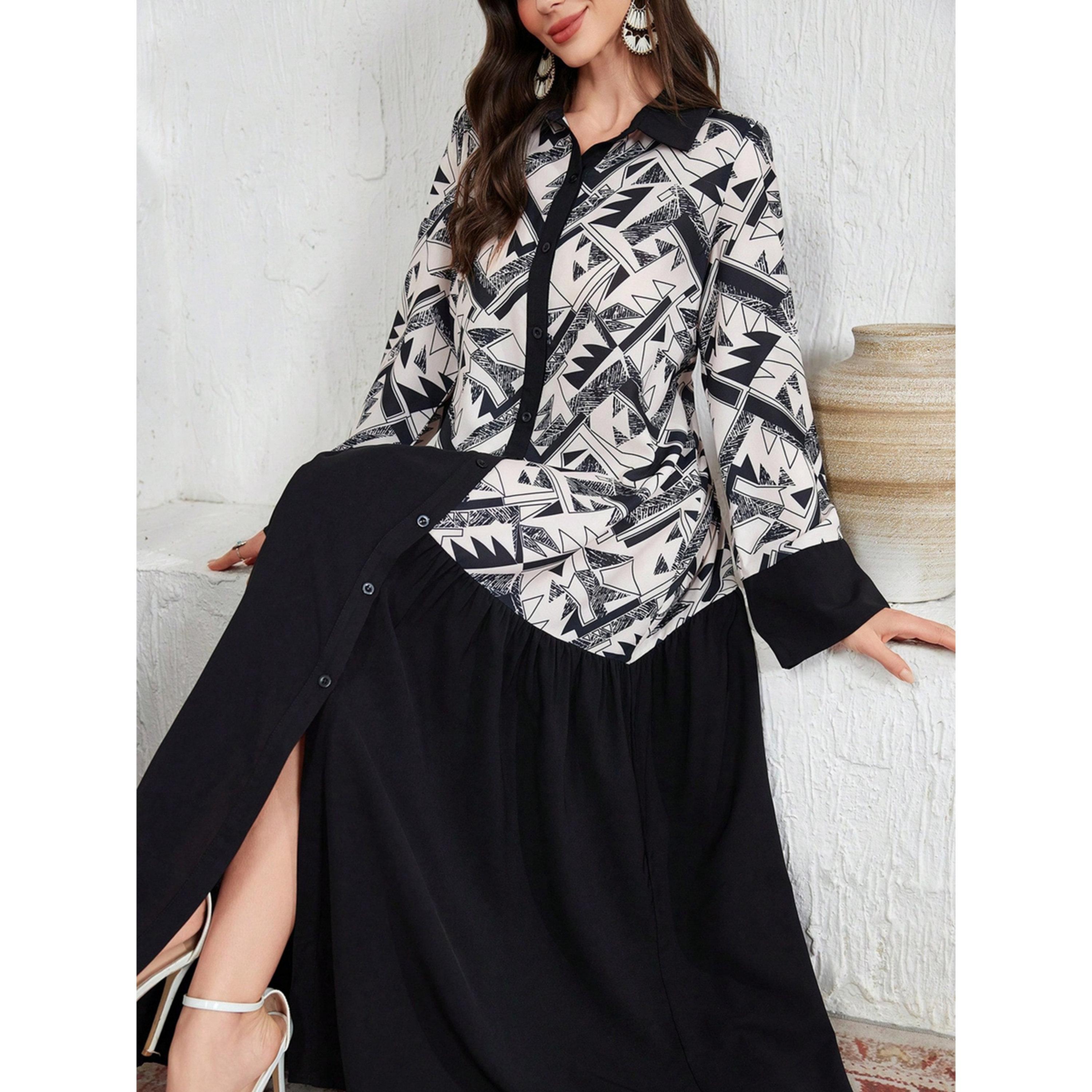 Take Two Black Geometric Print Spliced Shirt Maxi Dress-women-clothing-dresses-image-5