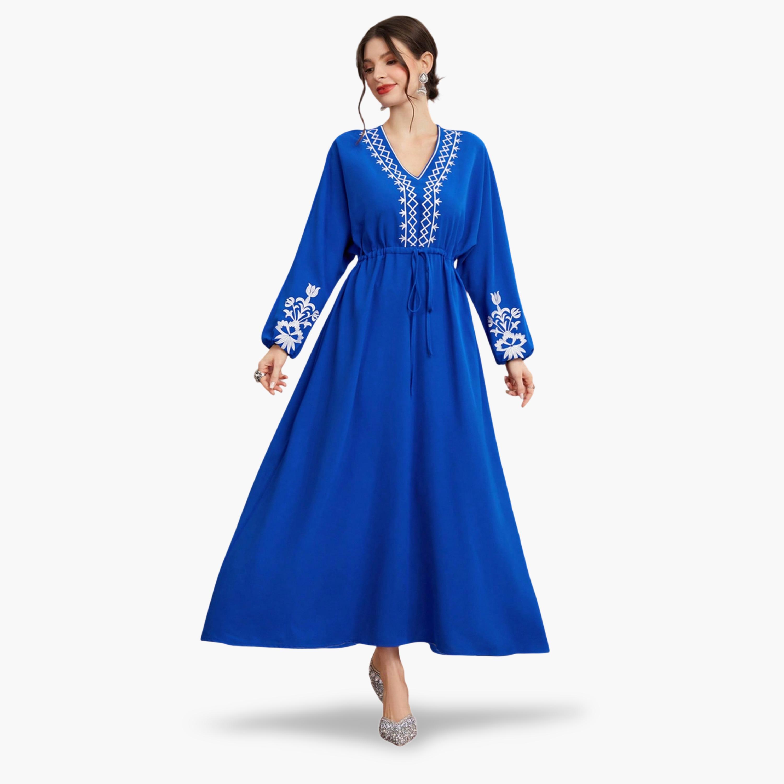فستان طويل بحافة واسعة وتفاصيل أربطة ومطرز-women-clothing-dresses-image-1