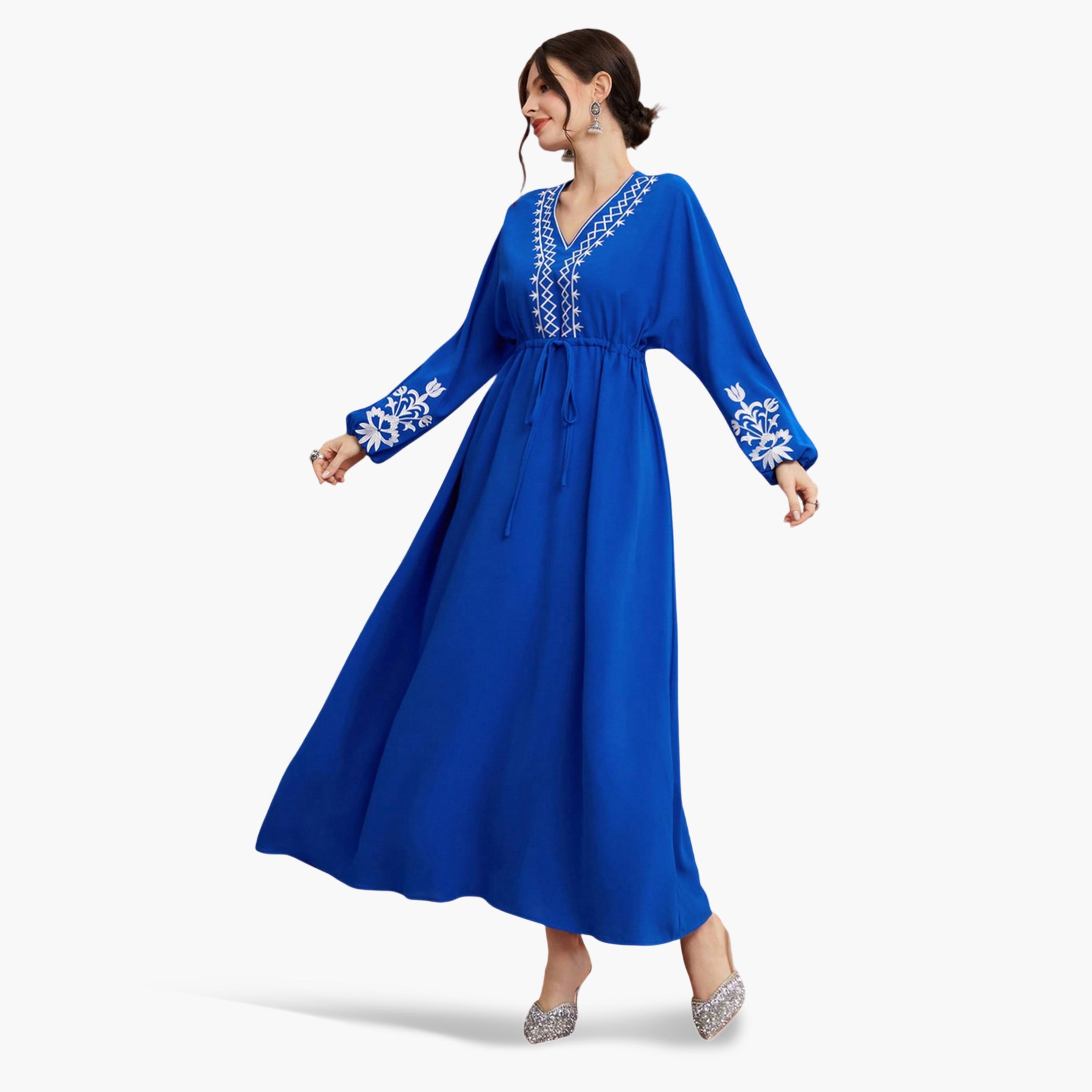 فستان طويل بحافة واسعة وتفاصيل أربطة ومطرز-women-clothing-dresses-image-3