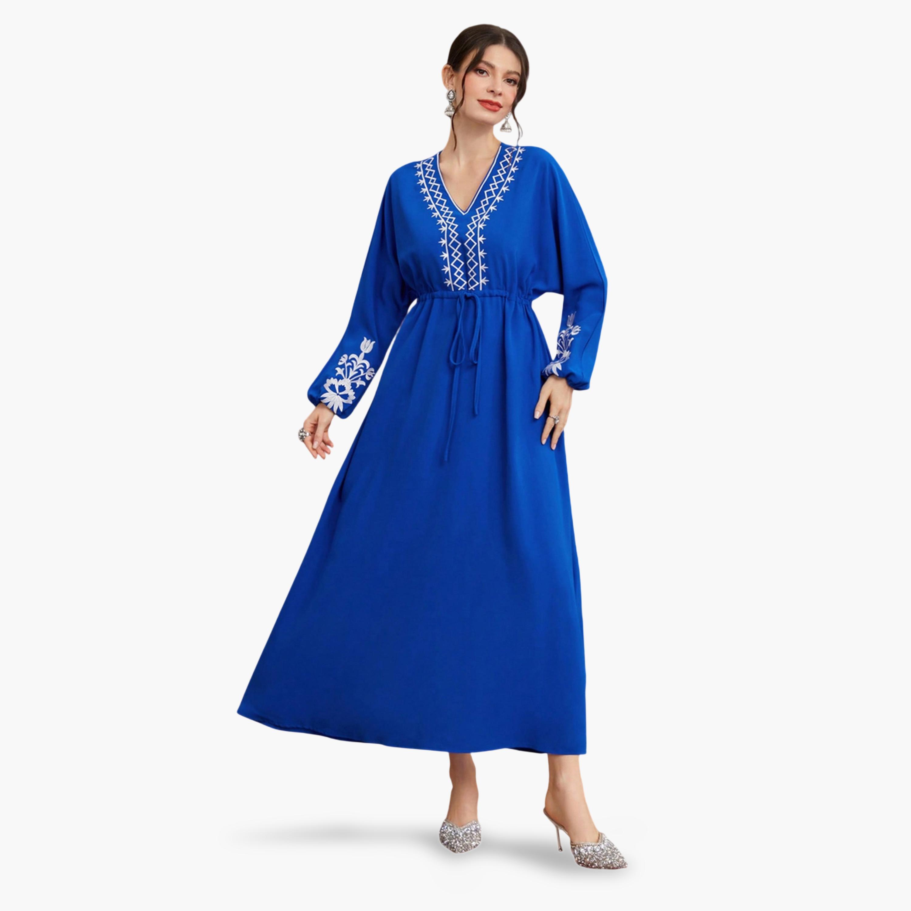 فستان طويل بحافة واسعة وتفاصيل أربطة ومطرز-women-clothing-dresses-image-4