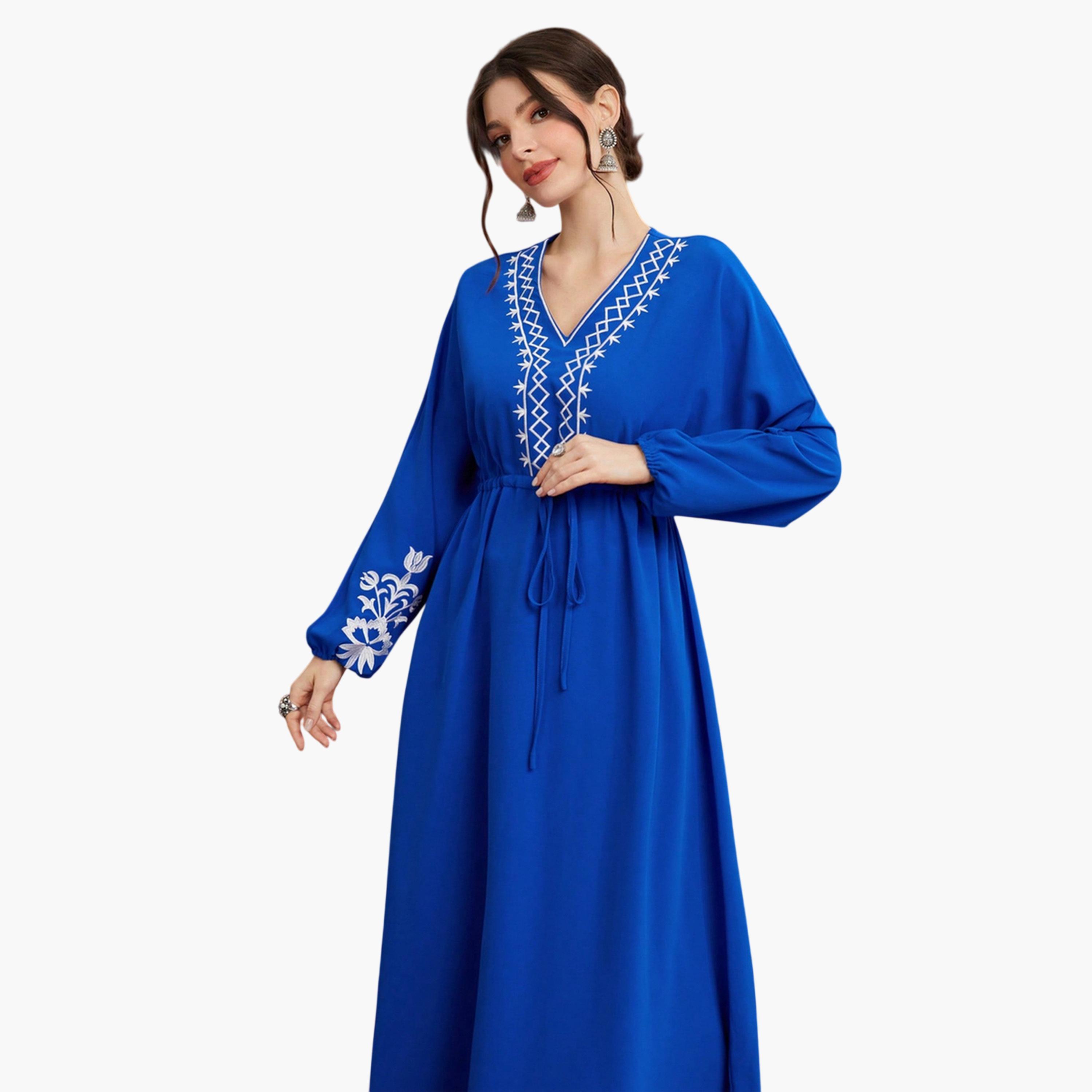 فستان طويل بحافة واسعة وتفاصيل أربطة ومطرز-women-clothing-dresses-image-5