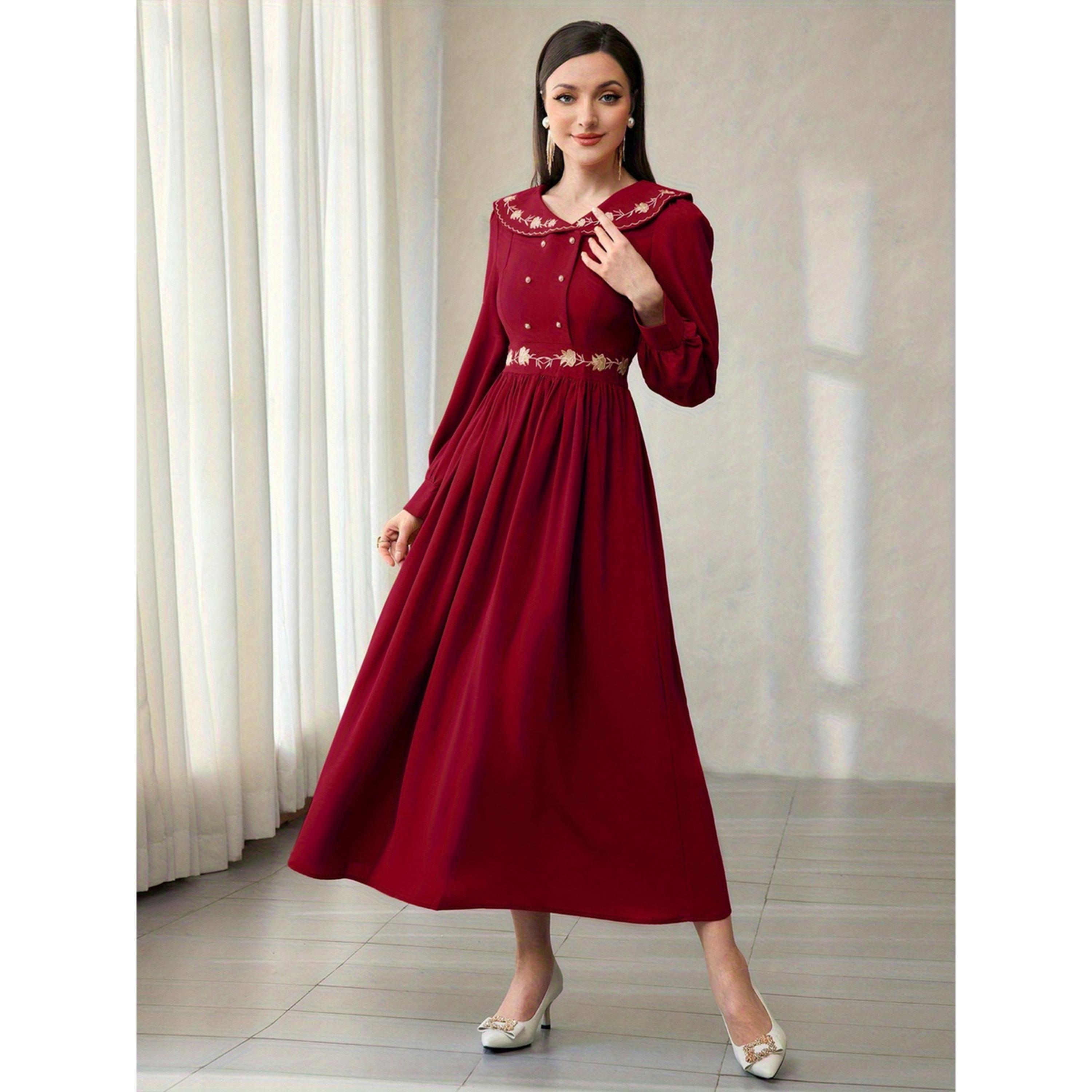 فستان طويل بأكمام طويلة بحافة واسعة ومطرز-women-clothing-dresses-image-1