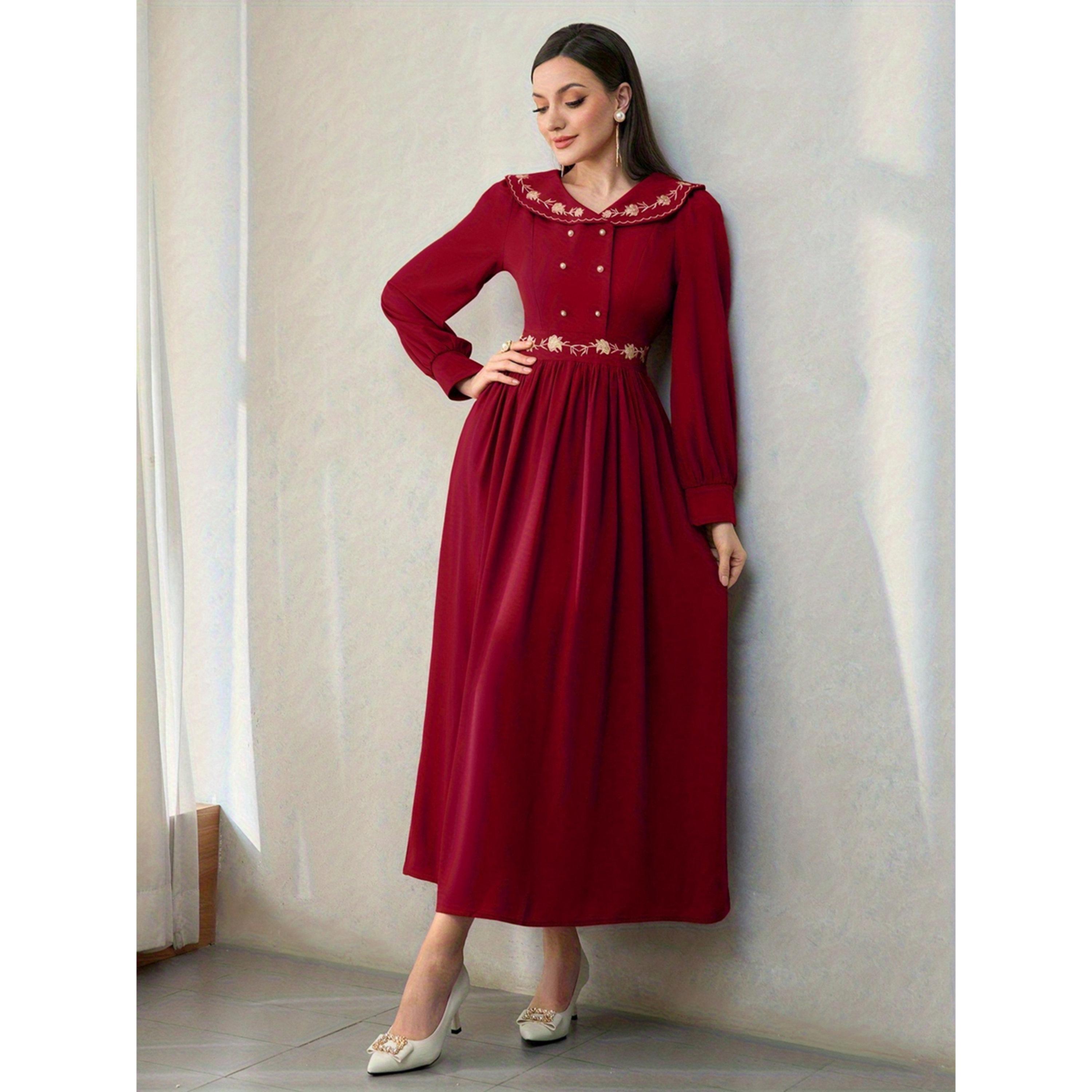 فستان طويل بأكمام طويلة بحافة واسعة ومطرز-women-clothing-dresses-image-2