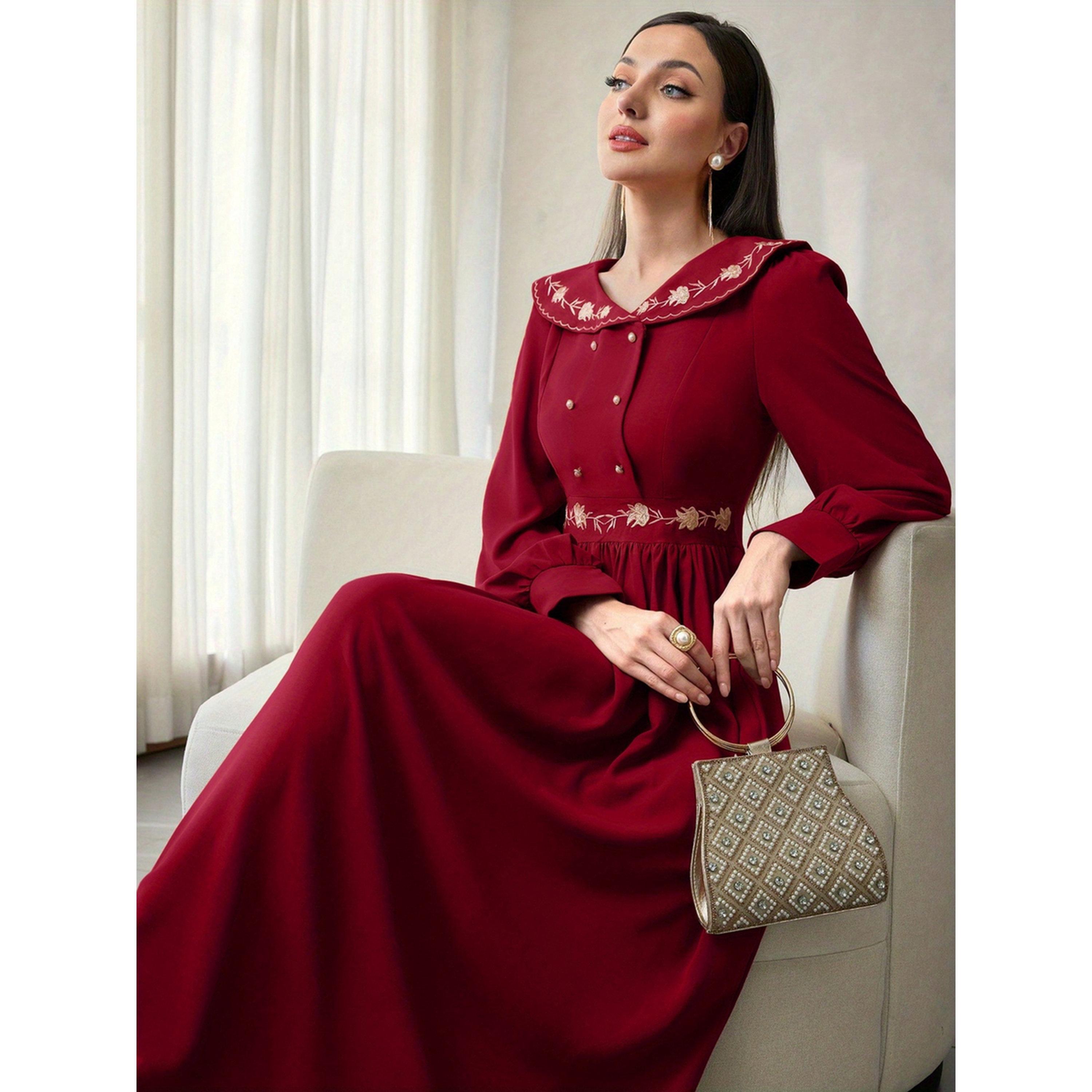 فستان طويل بأكمام طويلة بحافة واسعة ومطرز-women-clothing-dresses-image-3
