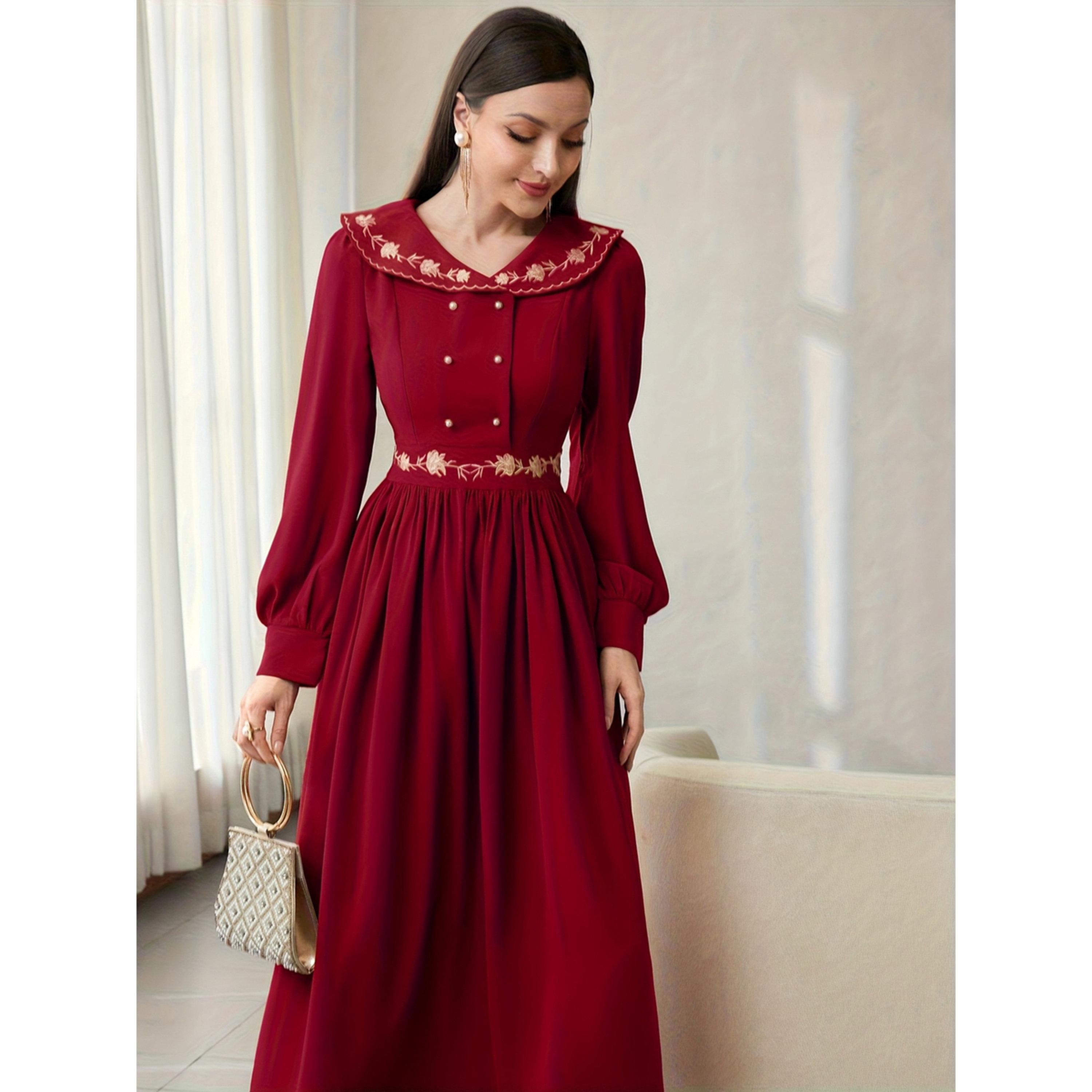 فستان طويل بأكمام طويلة بحافة واسعة ومطرز-women-clothing-dresses-image-5