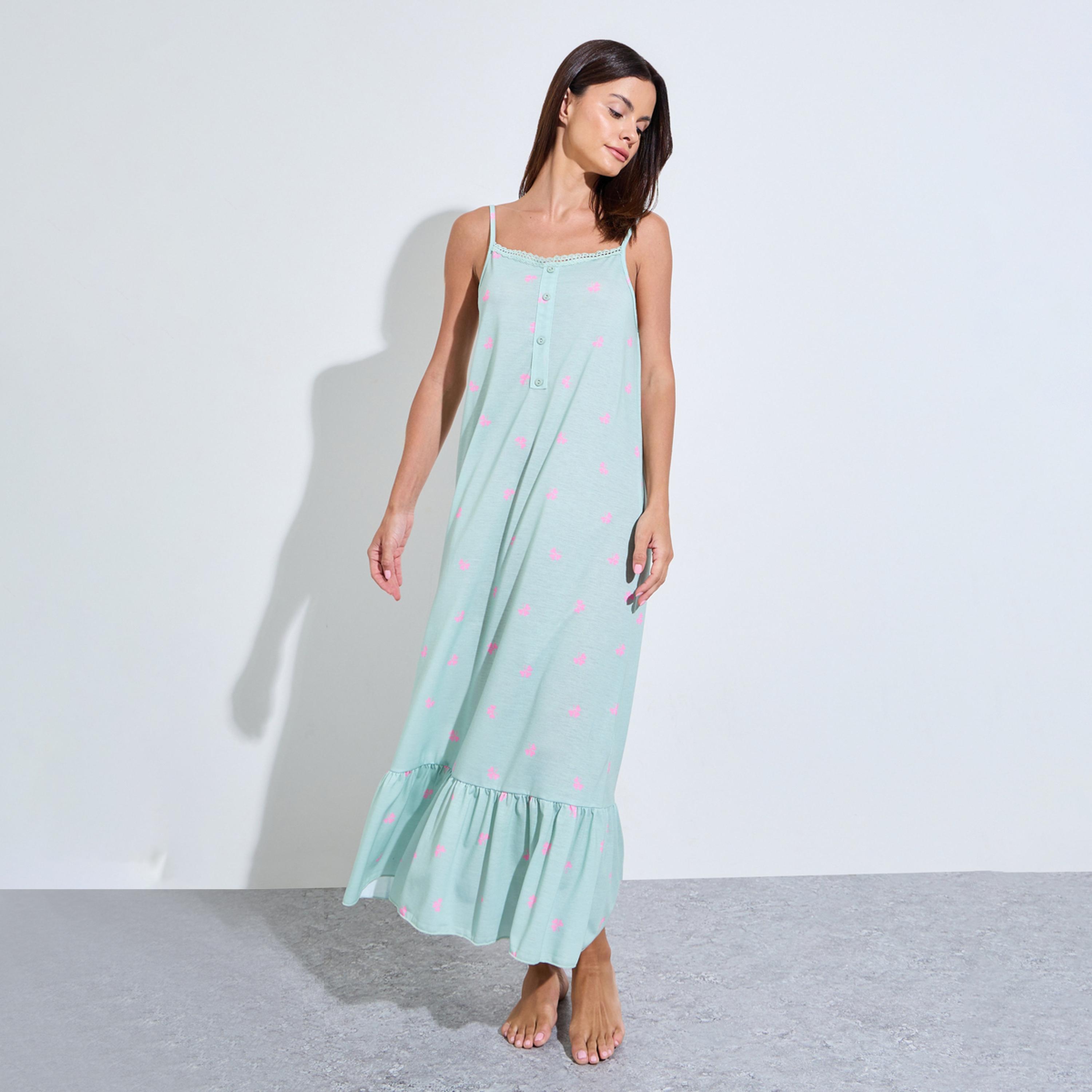 ستايلي - فستان سليب أخضر كلوفر فتحة أزرار وحافة مكشكشة-women-clothing-nightwear-nighties-image-1