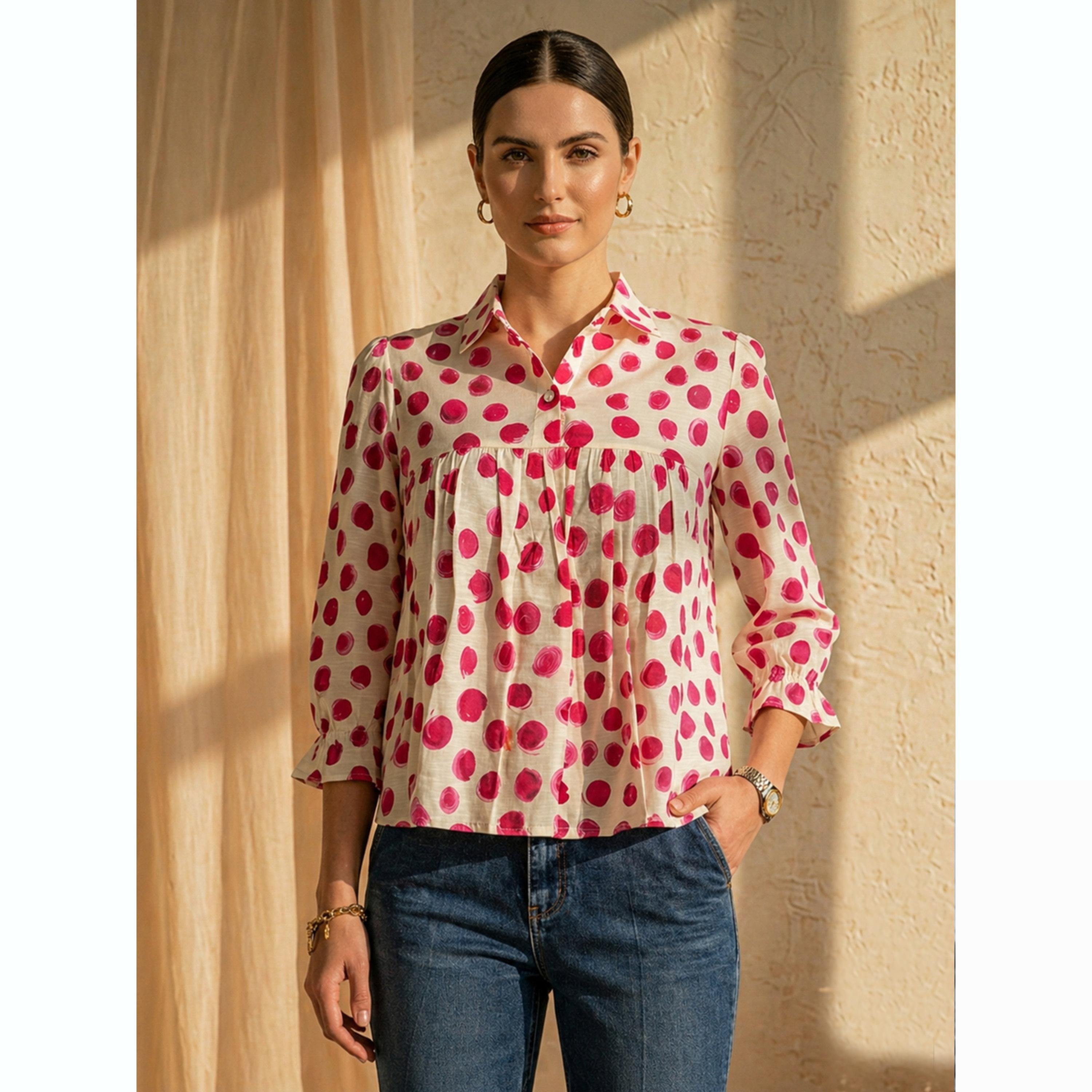 بلوزة بنمط نقاط البولكا وقصة كشكش باللون الأبيض-women-clothing-shirtsandblouses-blouses-image-1