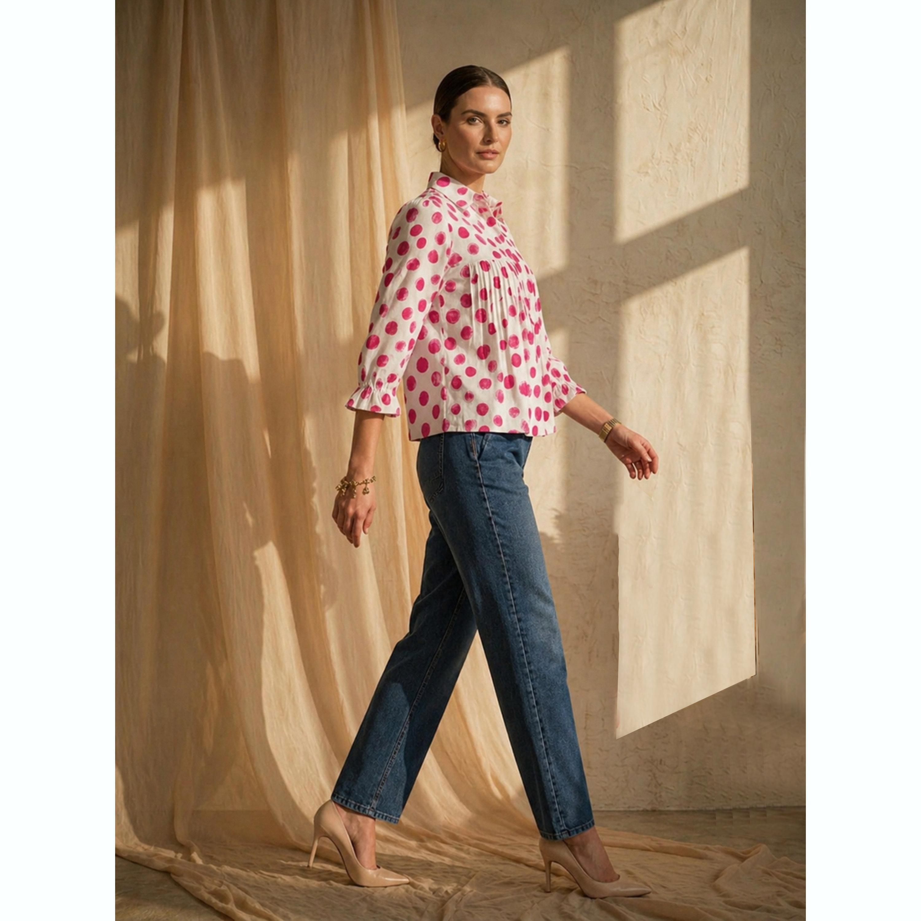 Mish X Styli White Gathered Yoke Top with Polka Dots-women-clothing-shirtsandblouses-blouses-image-3