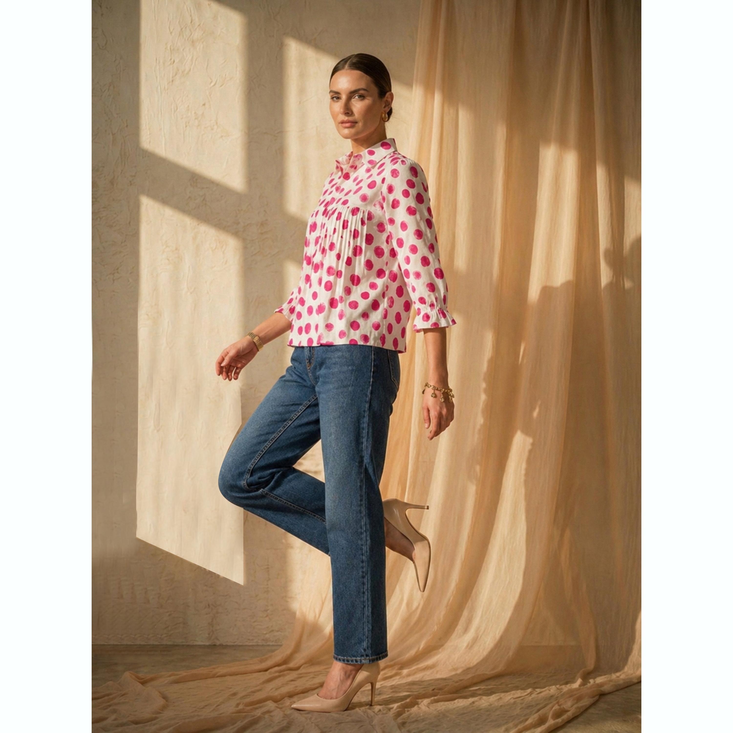 بلوزة بنمط نقاط البولكا وقصة كشكش باللون الأبيض-women-clothing-shirtsandblouses-blouses-image-4
