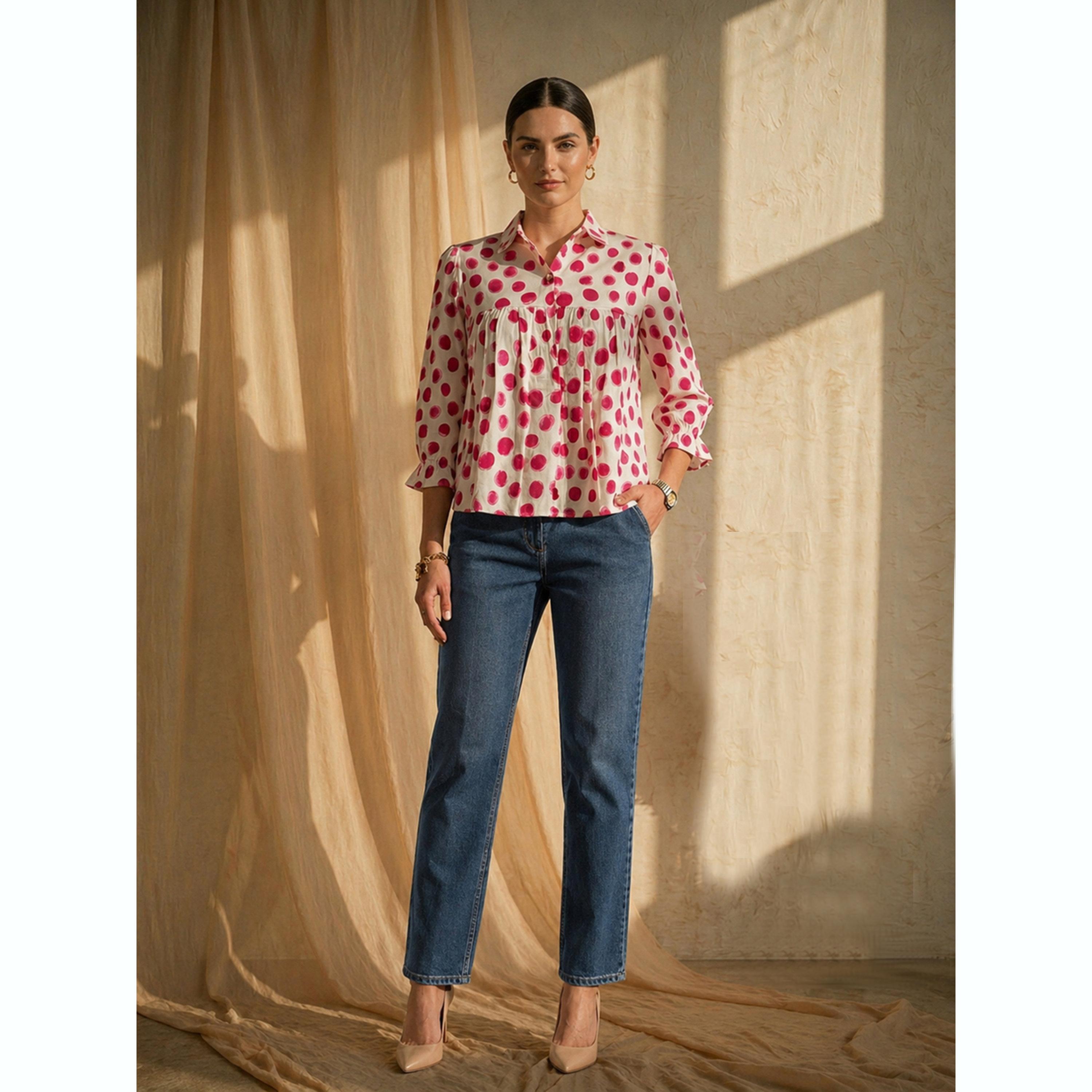 بلوزة بنمط نقاط البولكا وقصة كشكش باللون الأبيض-women-clothing-shirtsandblouses-blouses-image-6