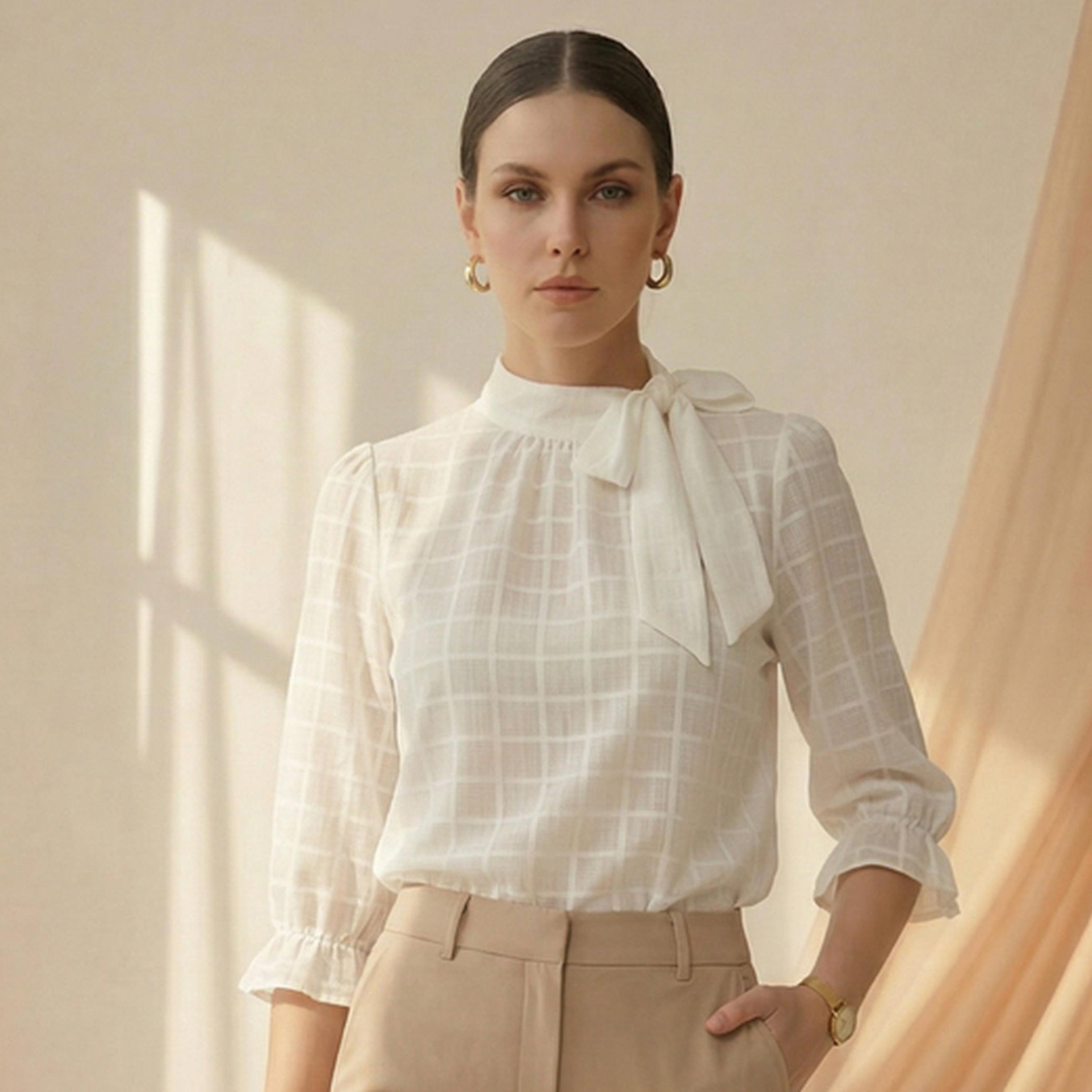 Mish X Styli White Grid Pattern Tie-Up Neck Top-women-clothing-shirtsandblouses-blouses-image-1