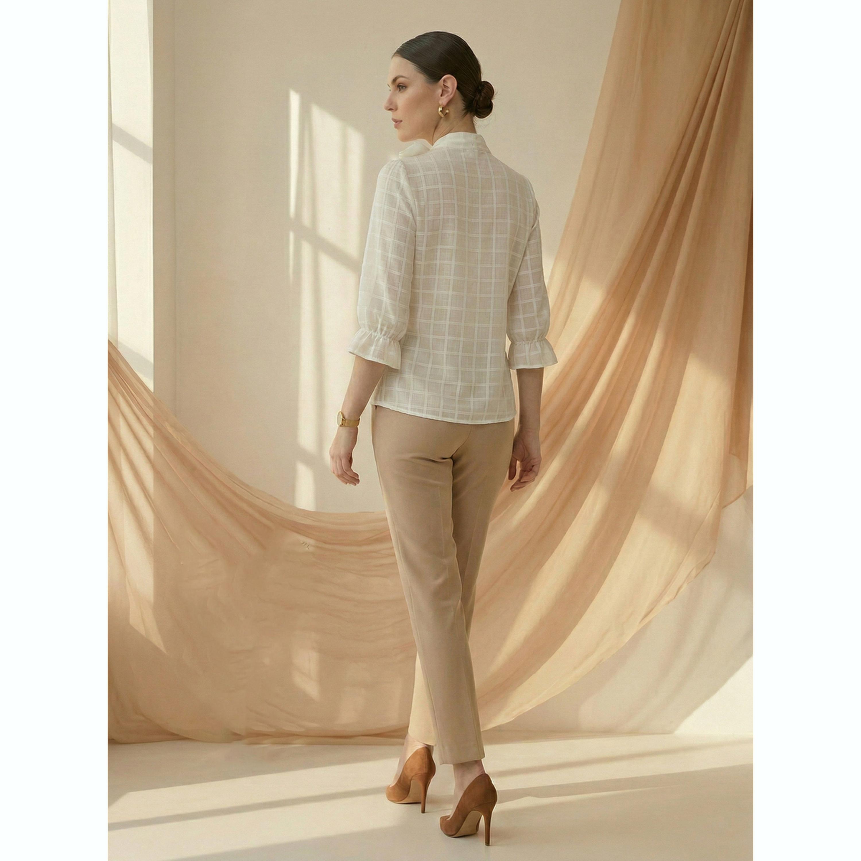 Mish X Styli White Grid Pattern Tie-Up Neck Top-women-clothing-shirtsandblouses-blouses-image-5