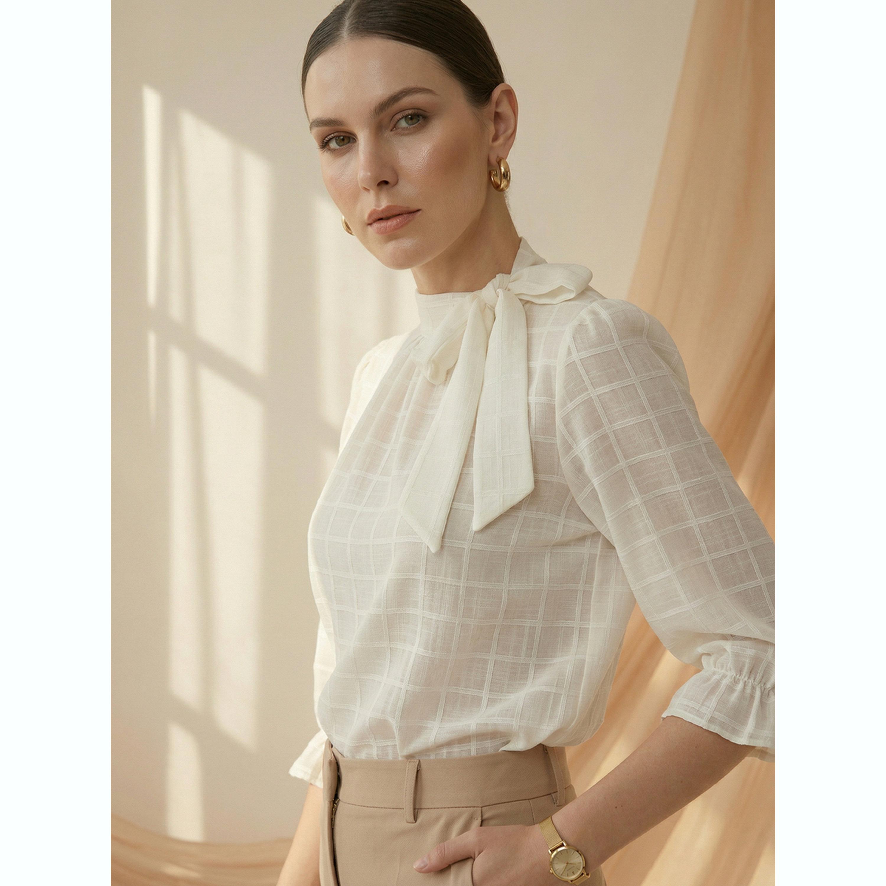 Mish X Styli White Grid Pattern Tie-Up Neck Top-women-clothing-shirtsandblouses-blouses-image-6