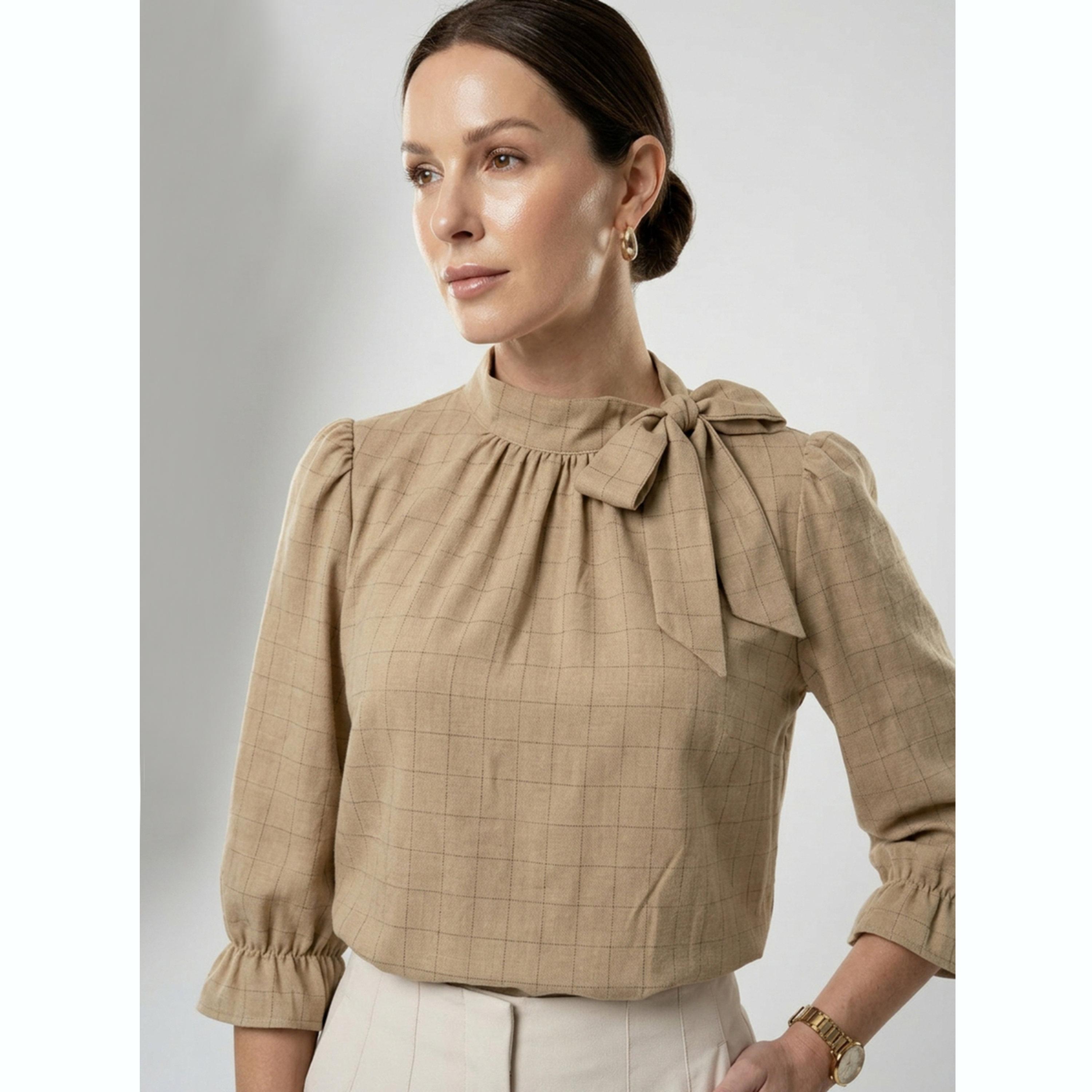 بلوزة برباط عنق ونمط مربعات باللون البيج-women-clothing-shirtsandblouses-blouses-image-5