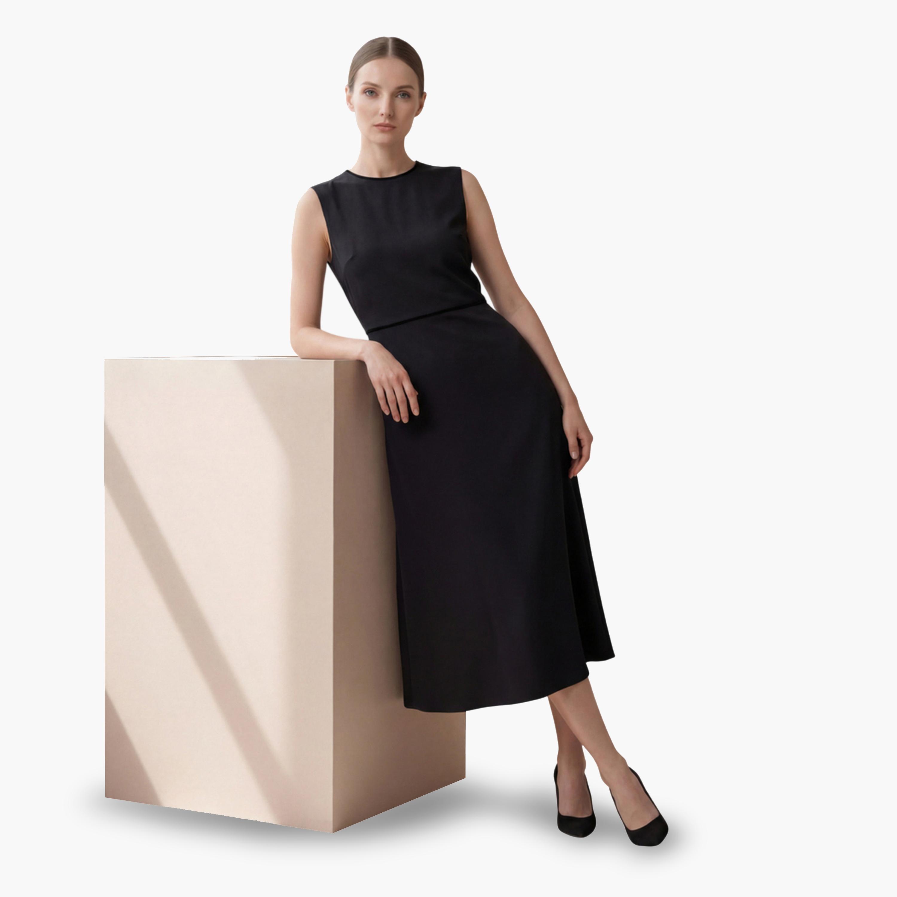 فستان ميدي واسع بدون أكمام باللون الأسود-women-clothing-dresses-image-2