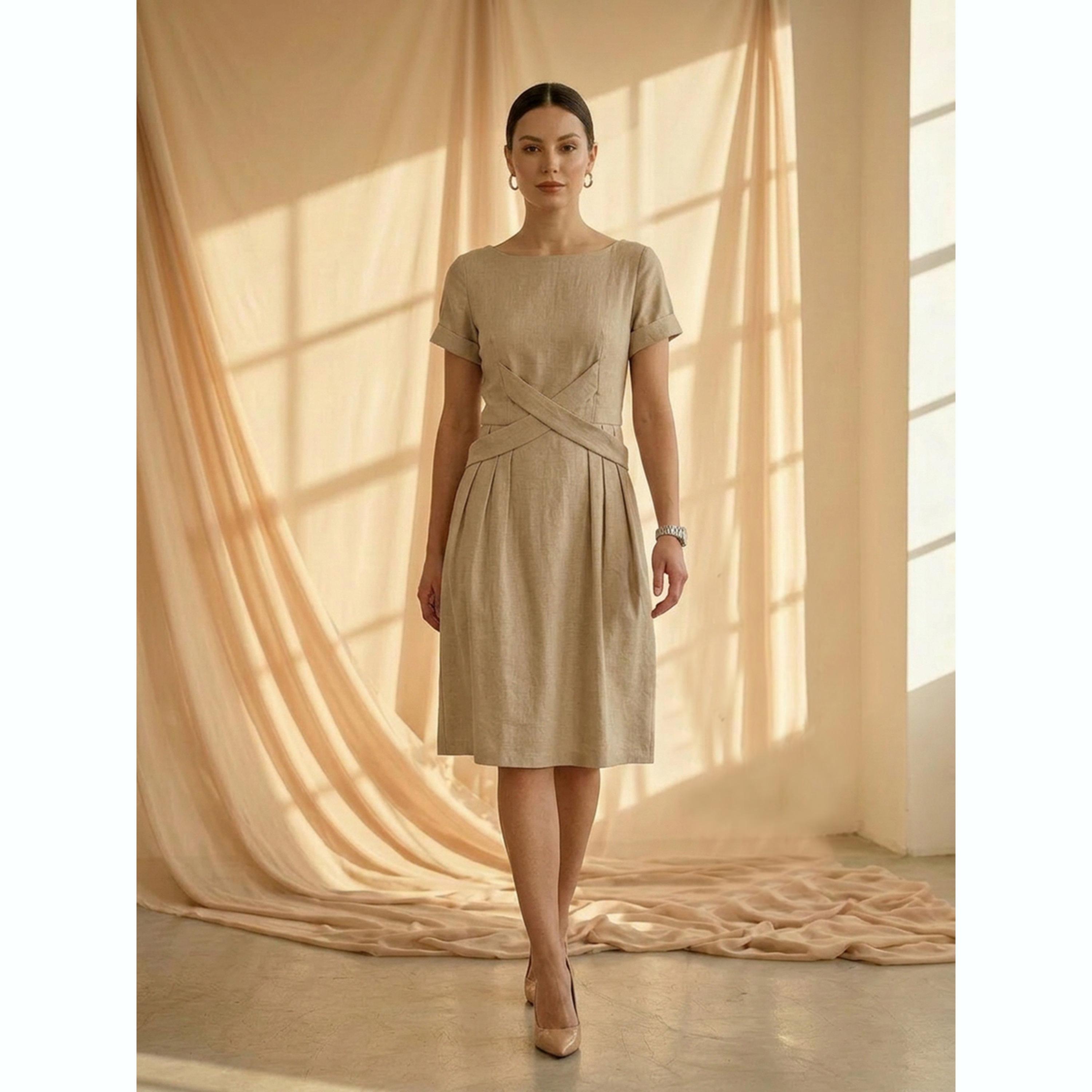 فستان بطول الركبة وتفاصيل متقاطعة عند الخصر باللون البيج-women-clothing-dresses-image-1