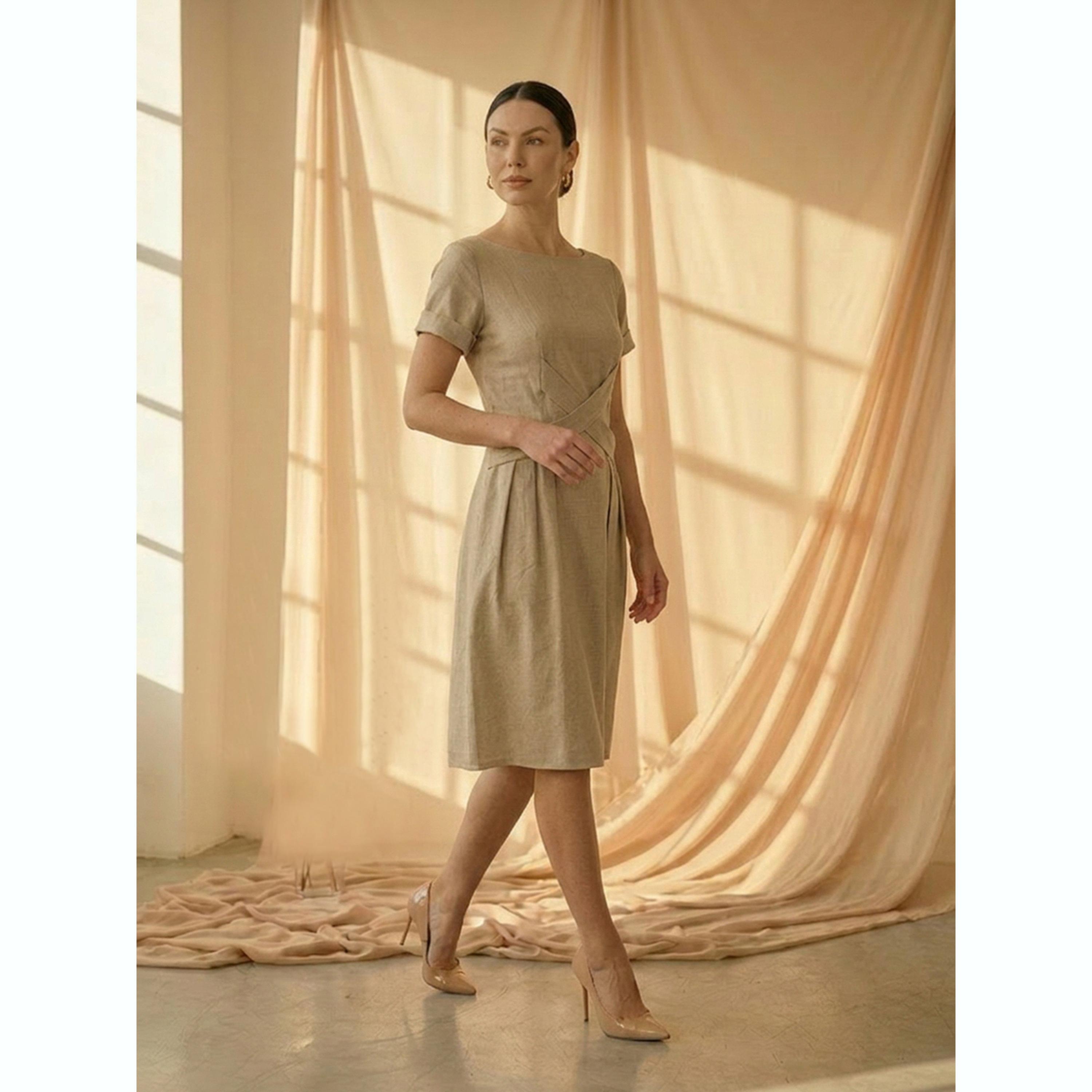 فستان بطول الركبة وتفاصيل متقاطعة عند الخصر باللون البيج-women-clothing-dresses-image-3