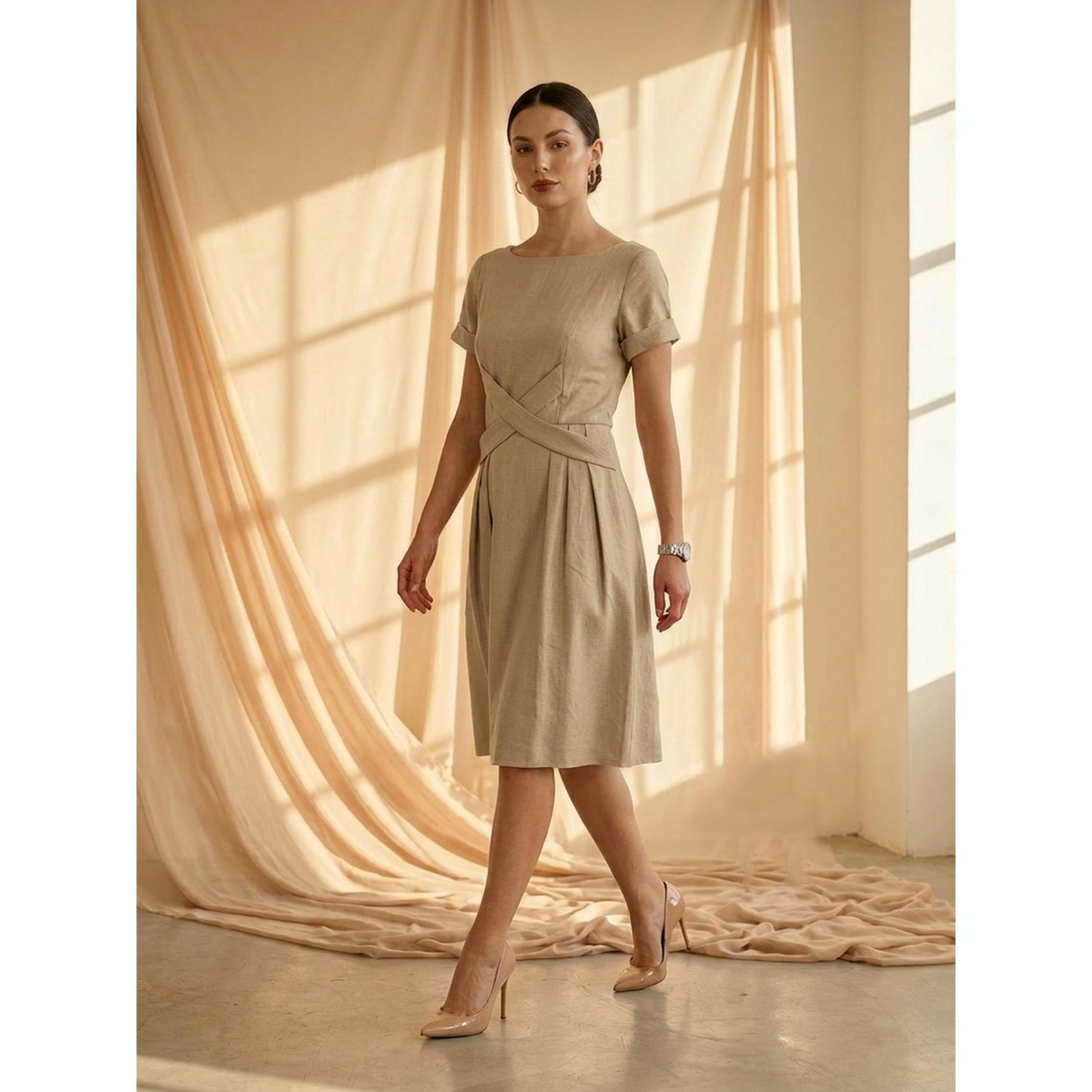 فستان بطول الركبة وتفاصيل متقاطعة عند الخصر باللون البيج-women-clothing-dresses-image-4