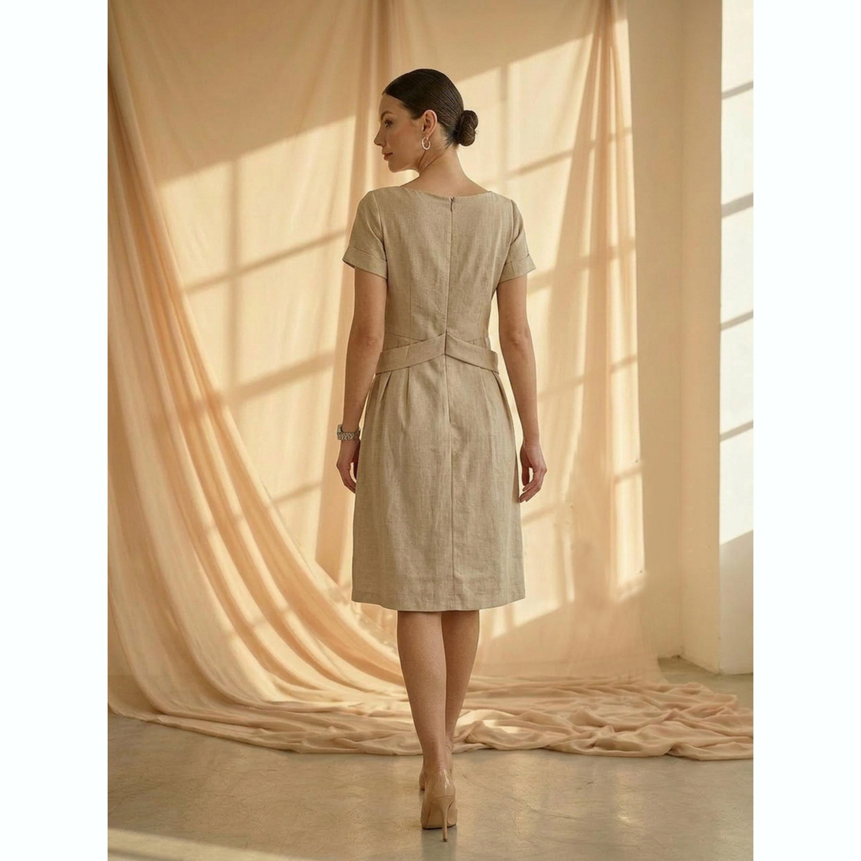 فستان بطول الركبة وتفاصيل متقاطعة عند الخصر باللون البيج-women-clothing-dresses-image-5