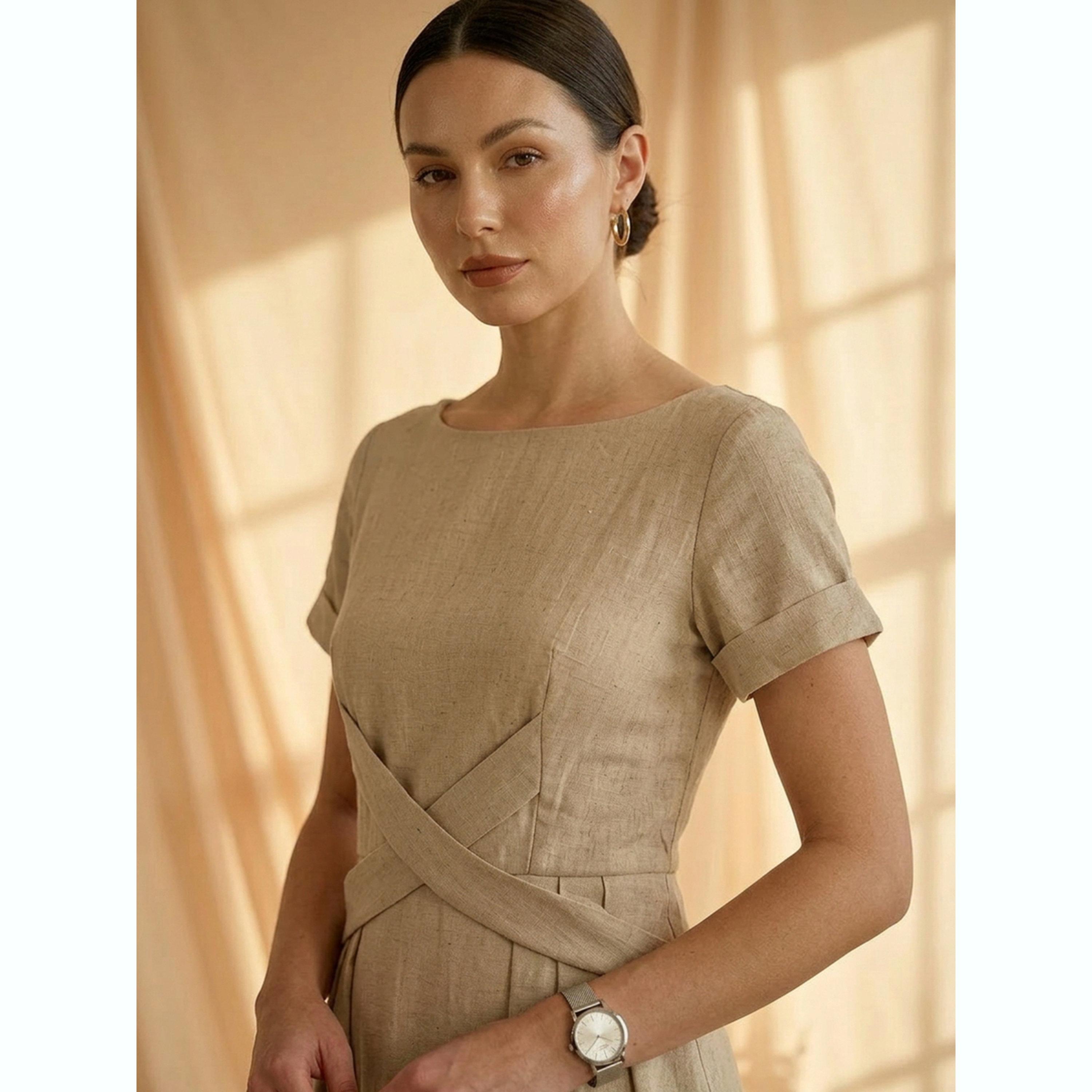 فستان بطول الركبة وتفاصيل متقاطعة عند الخصر باللون البيج-women-clothing-dresses-image-6